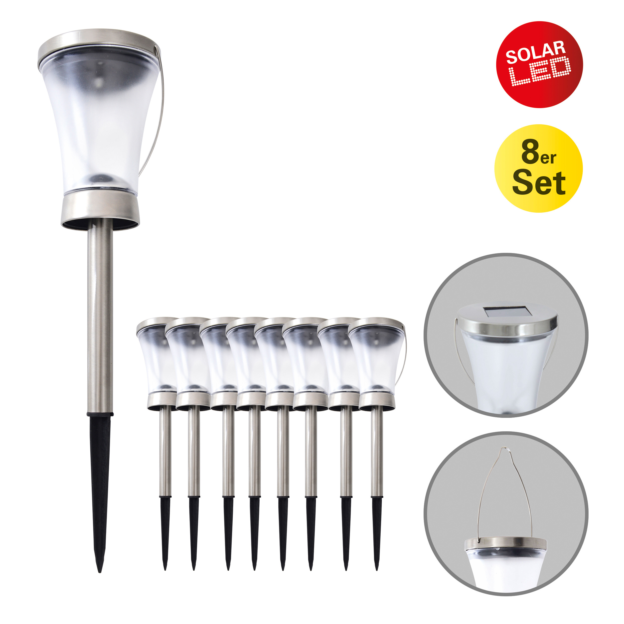 Solar-LED-Gartenleuchten. 8 Leuchten im Set. Schwarz und Silber.