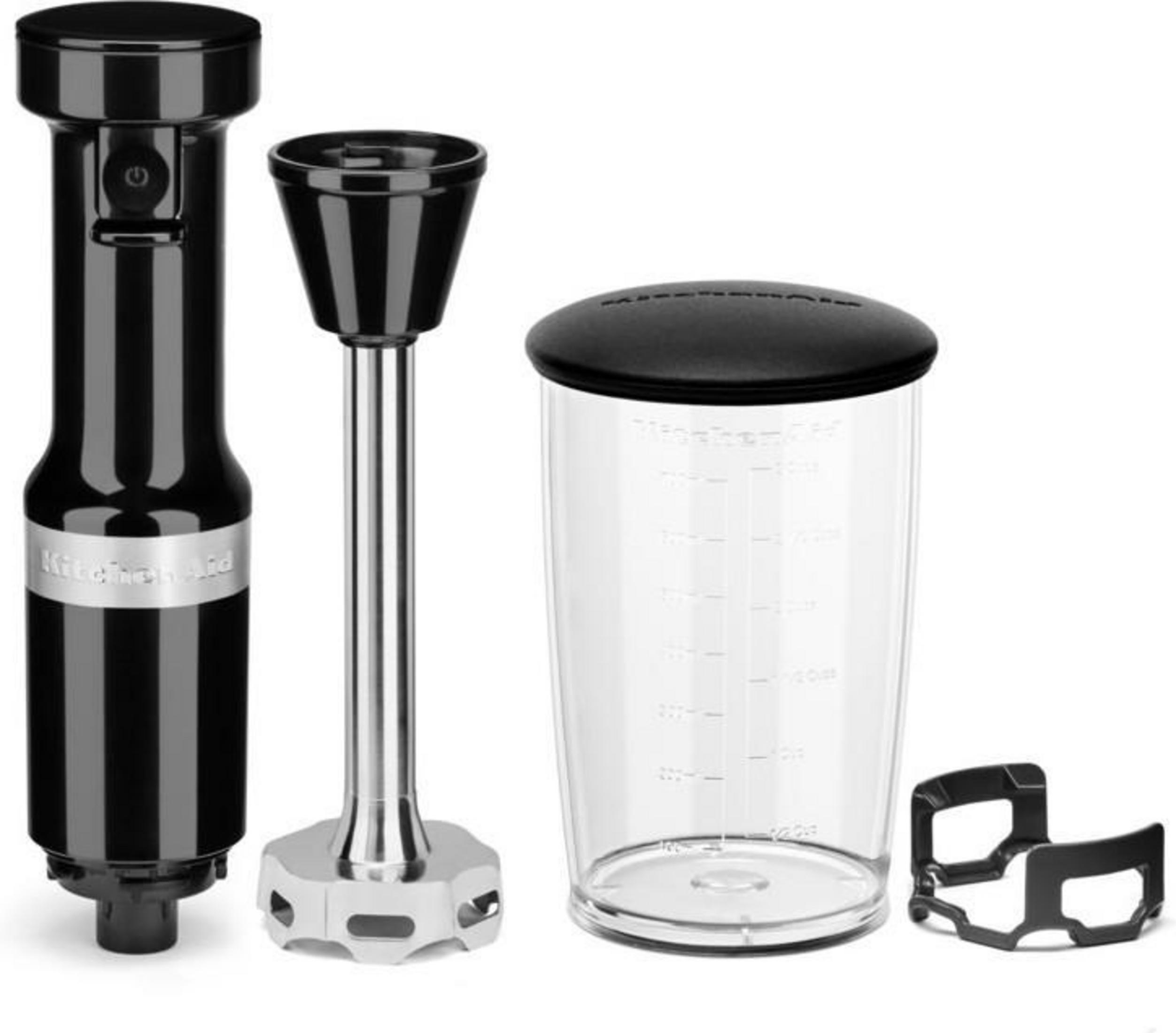 Black hand blender set with multiple attachments, including a mixing container.