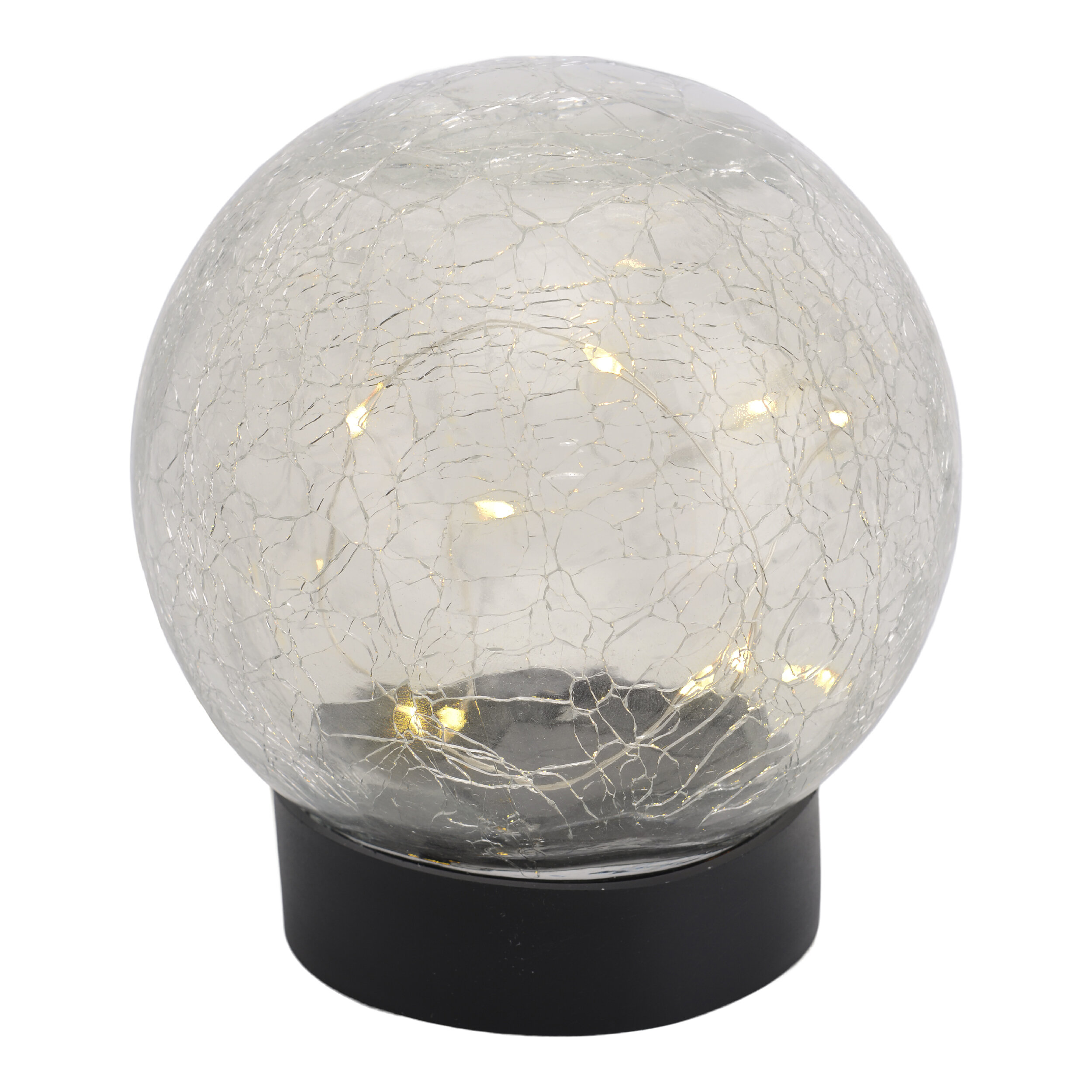 Transparente Glaskugel mit eingebetteten Lichtern, auf schwarzem Sockel.
