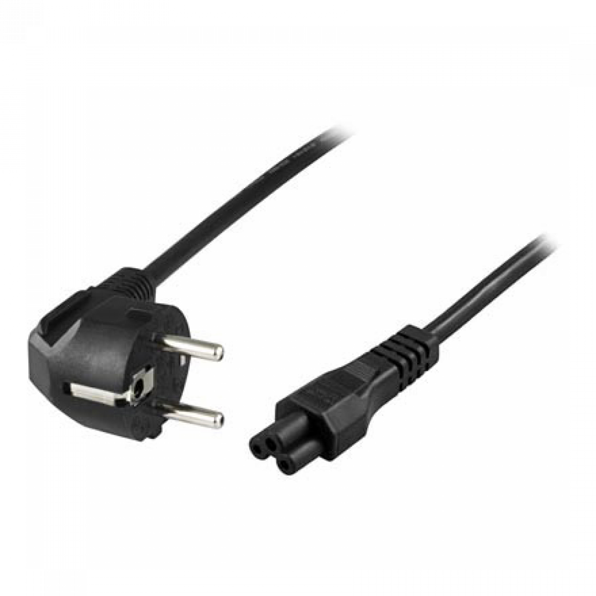 Schwarzes Stromkabel mit einem dreipoligen Stecker und einem Anschluss auf weißer Oberfläche.