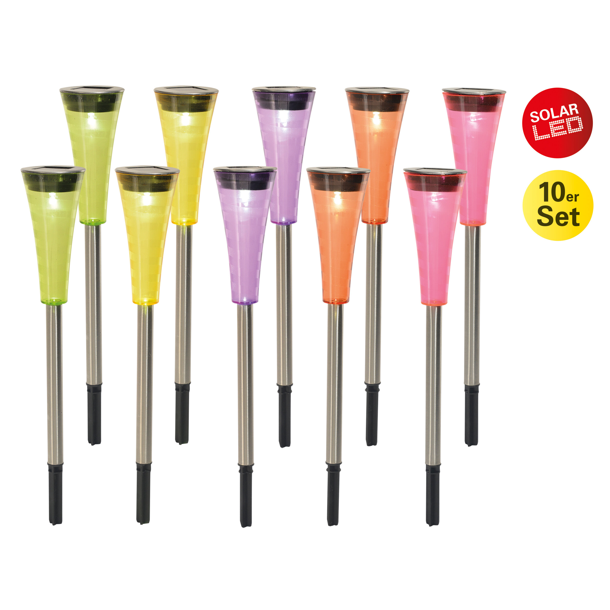 Set mit 10 solarbetriebenen LED-Gartenleuchten in verschiedenen Farben. Jede hat einen Pfahl.