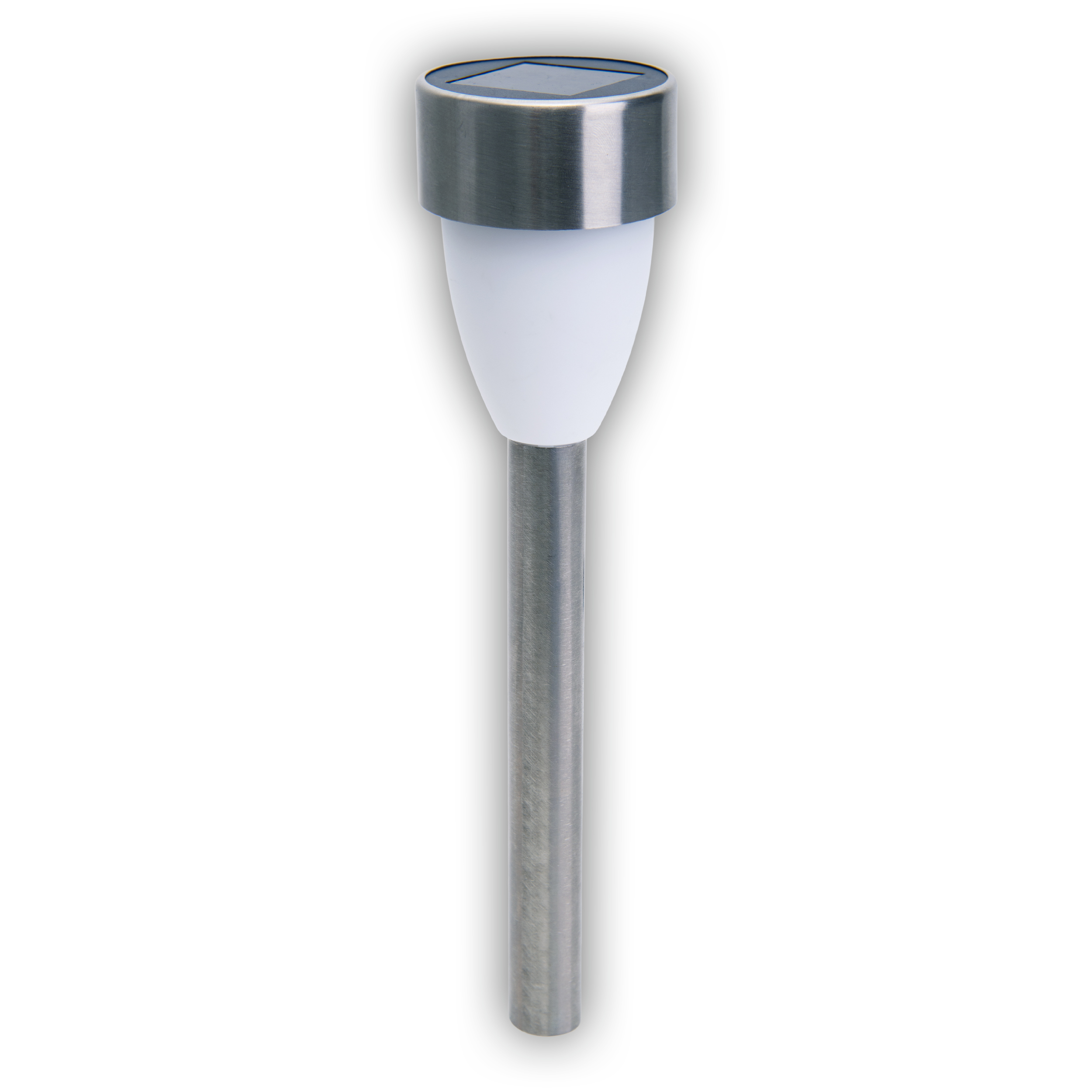 Solarbetriebene Außenleuchte, silberner Kopf und weißer Lichtdiffusor an einem Metallstab.