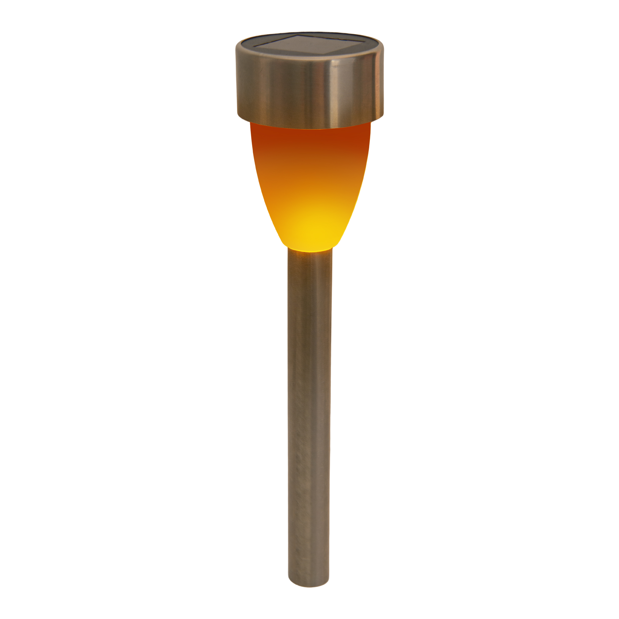 Eine Solar-Gartenleuchte mit orangefarbenem Schein, auf weißem Hintergrund.