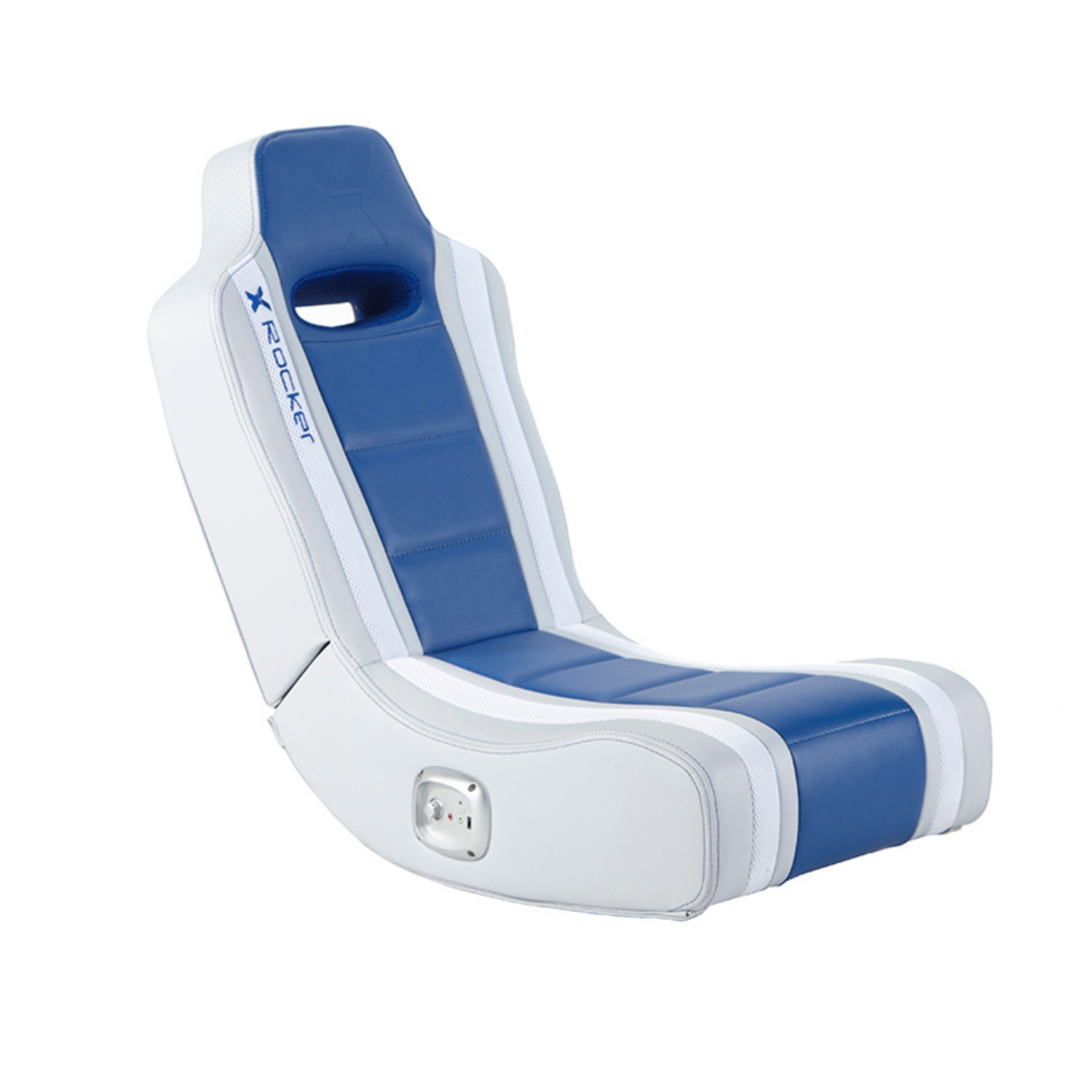 Blauer und weißer Gaming-Stuhl. Der Stuhl hat eine hohe Rückenlehne und einen gebogenen Sitz.