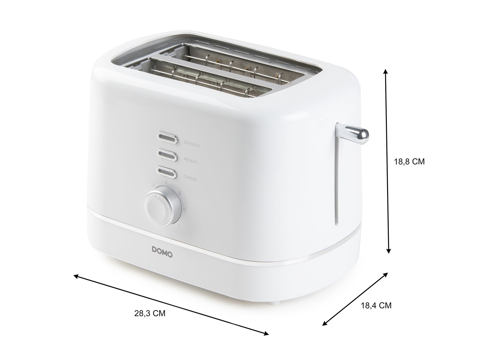 Un tostapane bianco con dimensioni indicate. È un tostapane moderno a due fette, sfondo bianco.