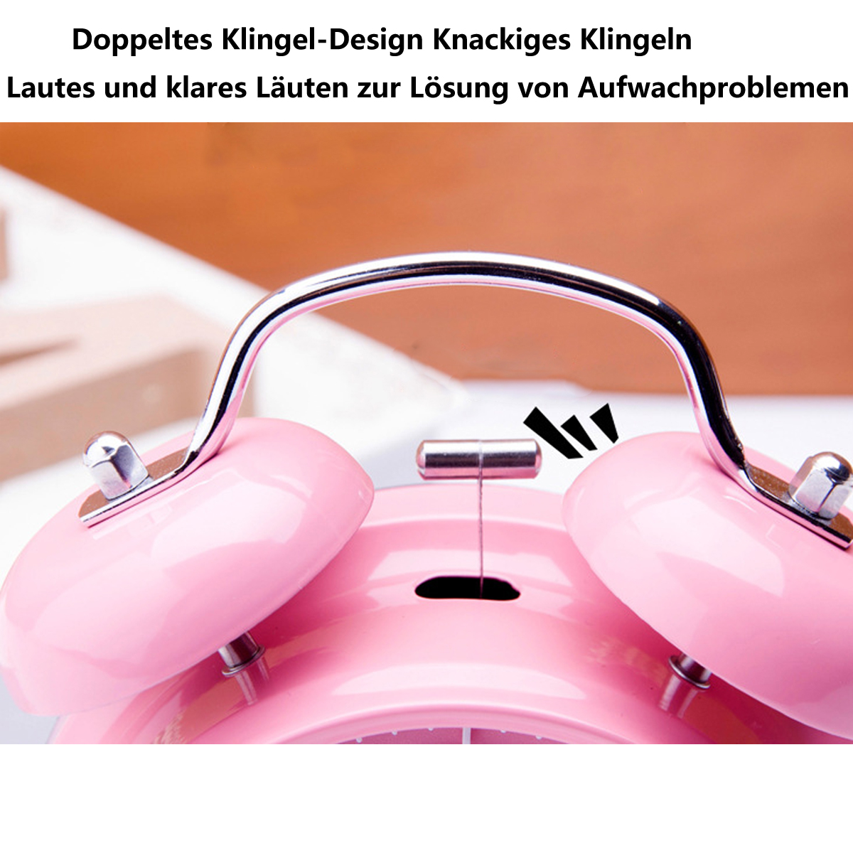 Ein pinkfarbener Wecker mit zwei Glocken, das Wort 'Klingen' auf Deutsch, weist auf Schallwellen hin.