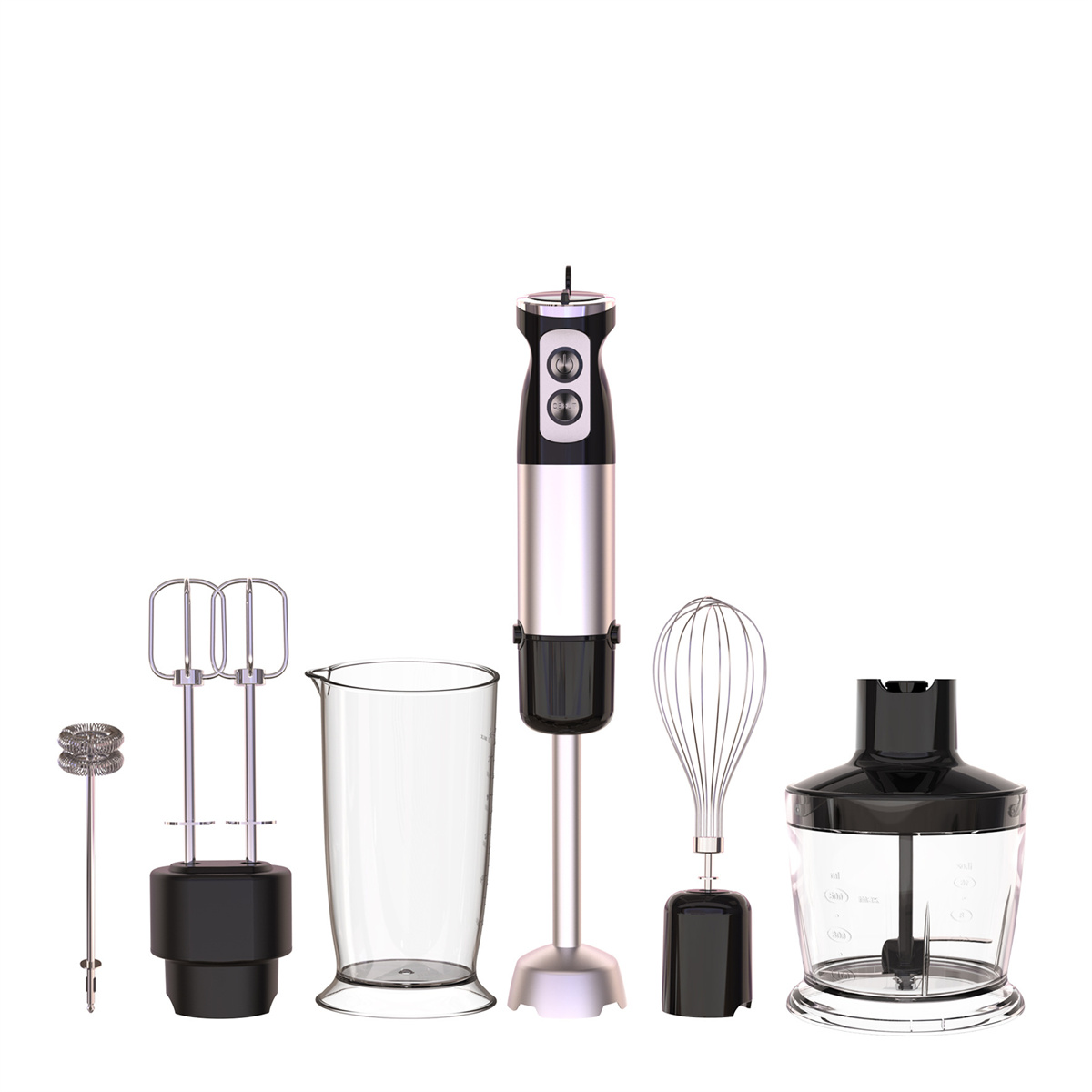 Stabmixer-Set mit mehreren Aufsätzen, einschließlich Becher und Schneebesen.