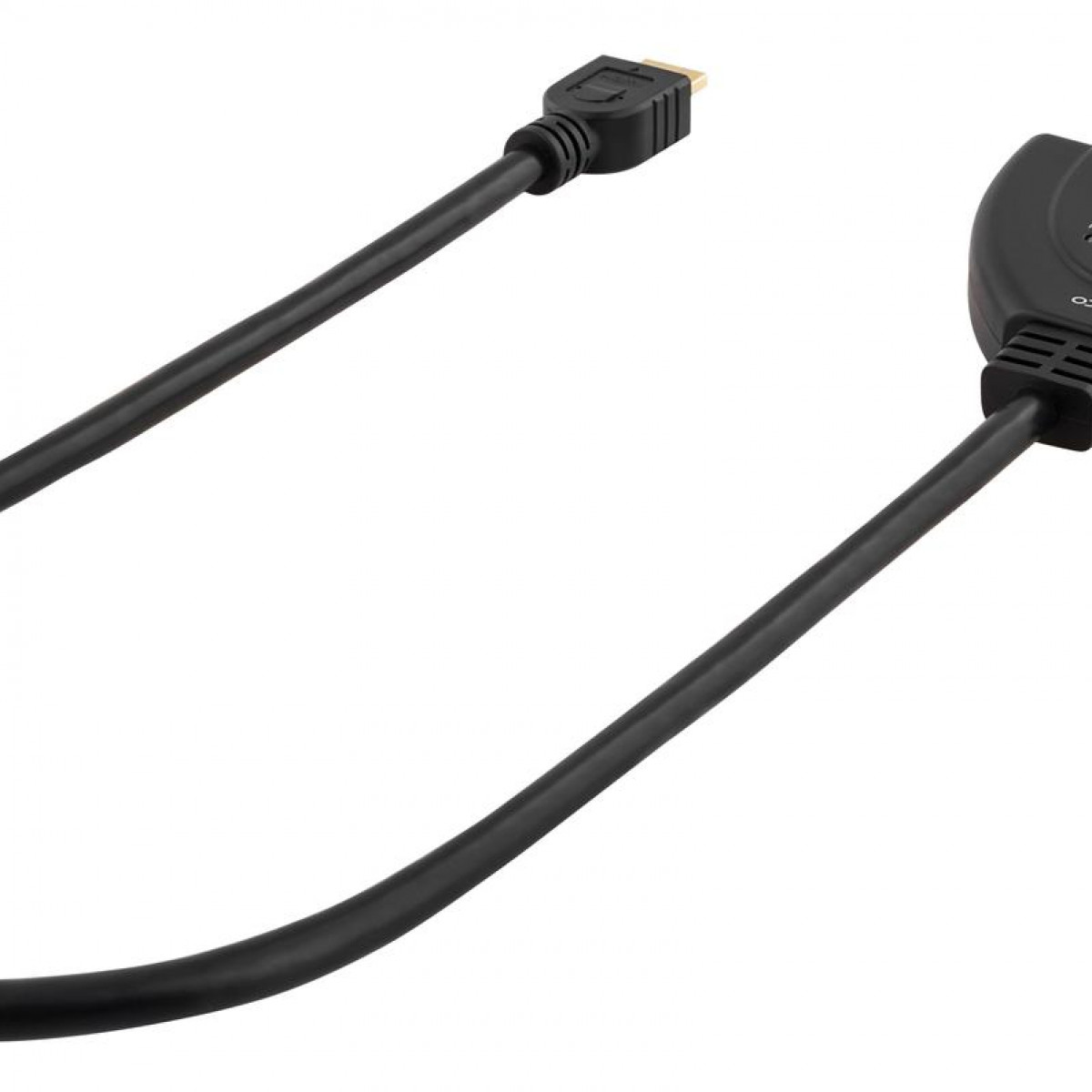 Zwei schwarze HDMI-Kabel, die an einen Splitter angeschlossen sind. Weißer Hintergrund.