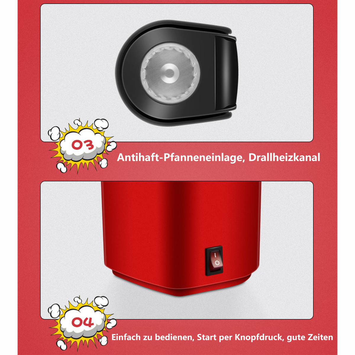 Nahaufnahme eines roten Popcorn-Makers mit beschrifteten Teilen, auf rotem Hintergrund.