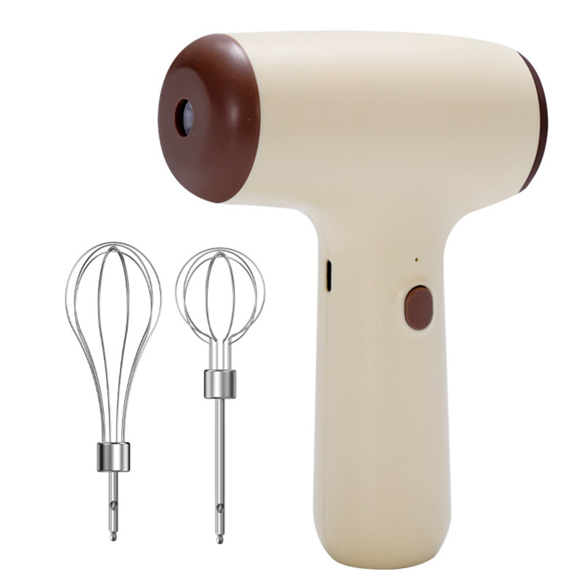 Handmixer mit zwei Aufsätzen; beiger Körper, brauner Aufsatz.