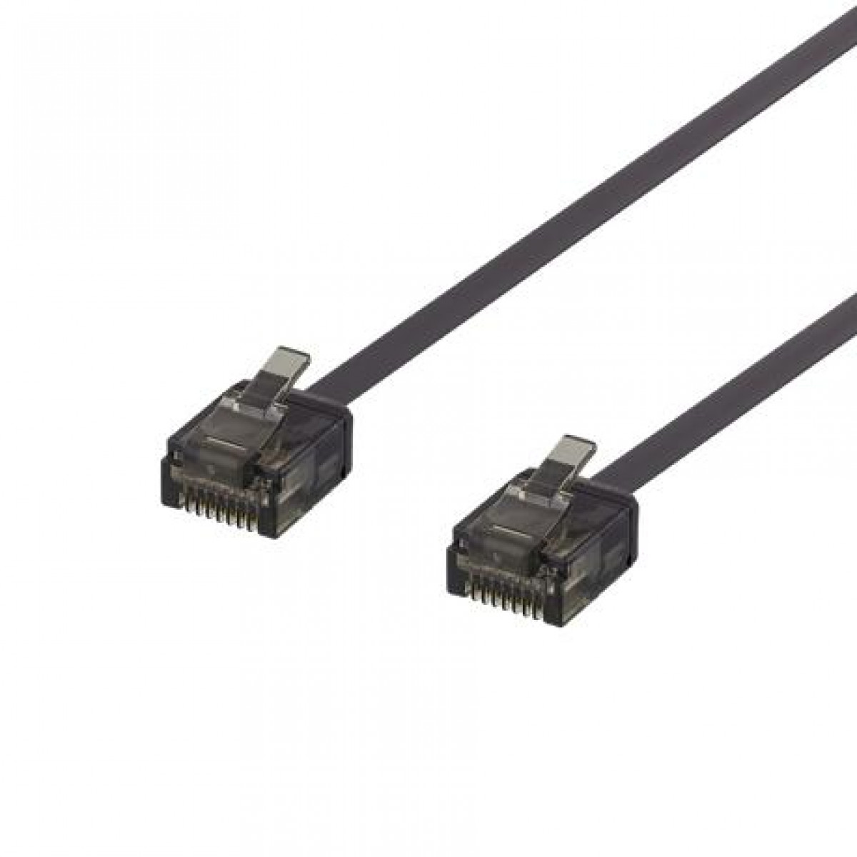 Zwei schwarze RJ45-Stecker mit grauen Kabeln auf weißem Hintergrund.
