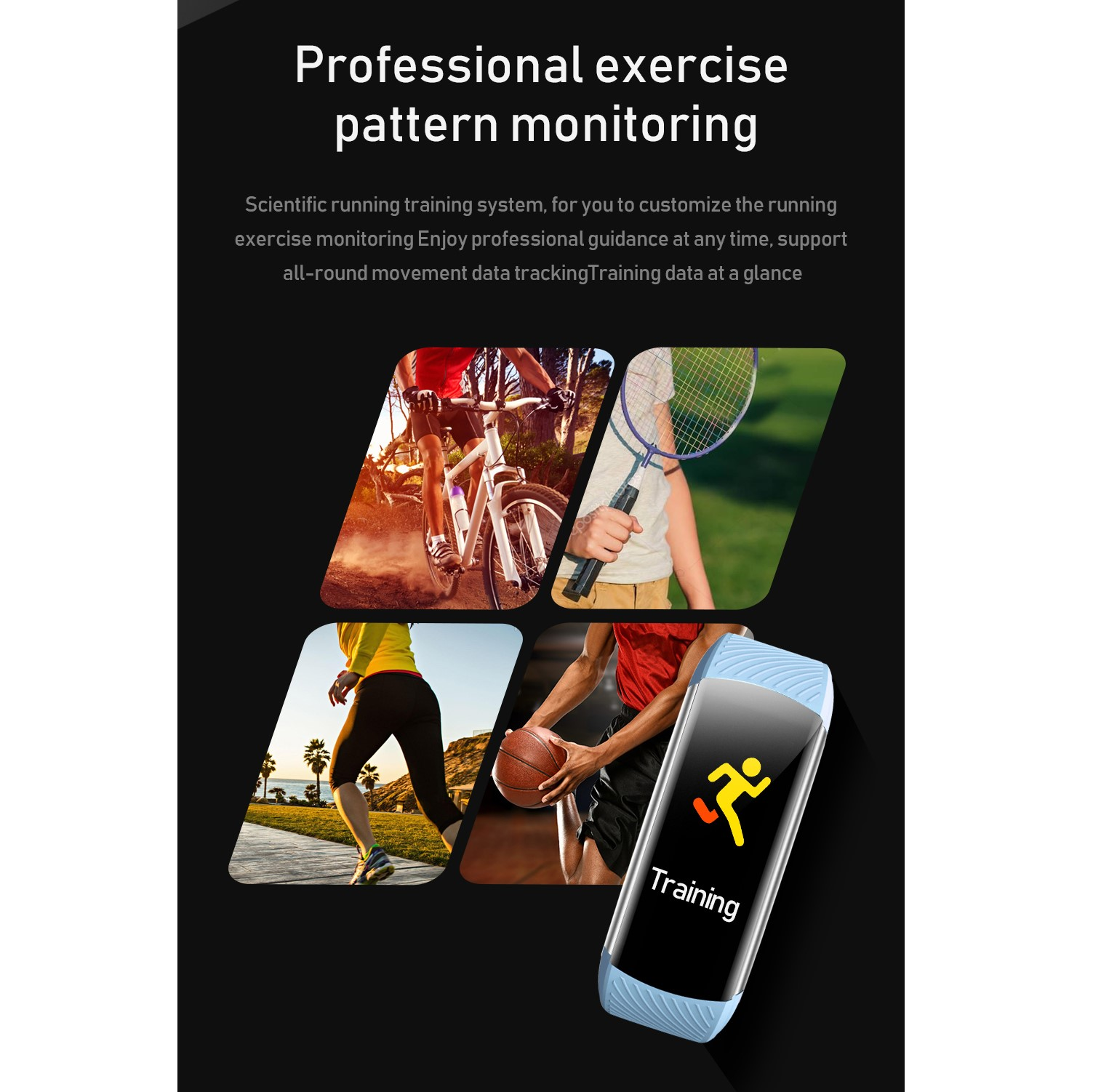 Fitness-Tracker mit blauem Armband, der Trainingsdaten anzeigt, und Bildern, die verschiedene Sportarten zeigen.