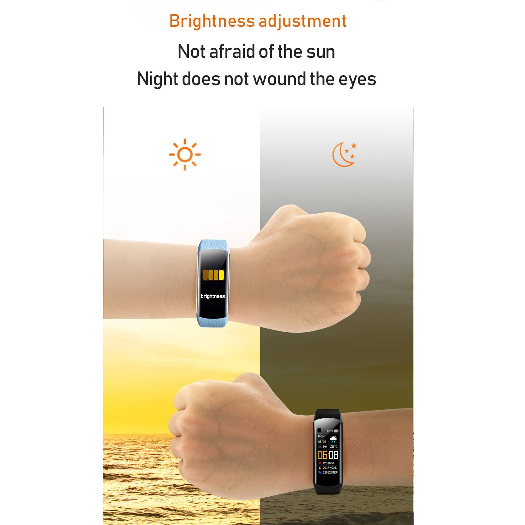 Opaska na nadgarstek z ekranem pokazującym ustawienia jasności. Jeden obrazek przedstawia słoneczną scenę, a drugi nocną.