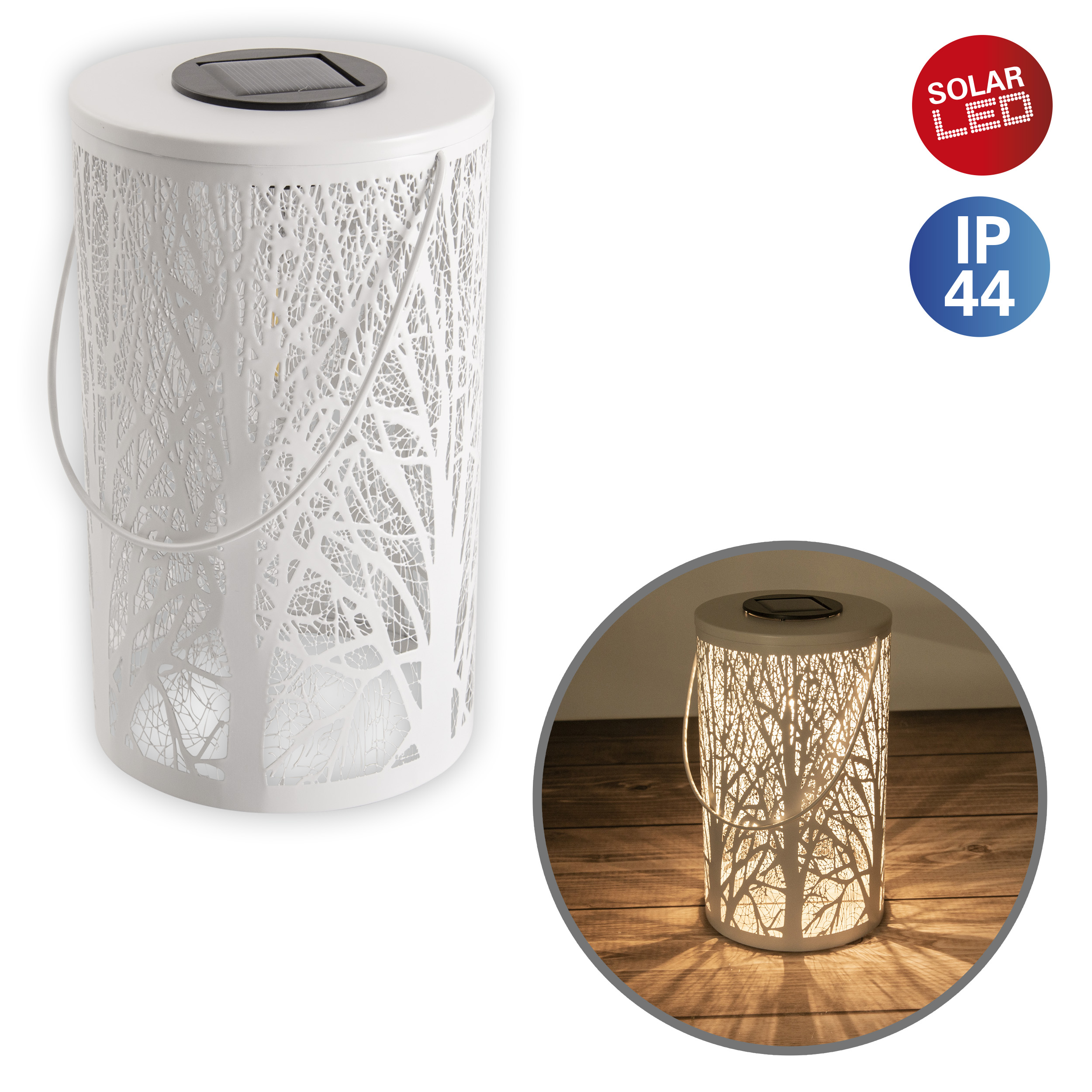 Weiße Solar-Laterne mit Baumdesign. Eine kleinere, beleuchtete Version ist in einem Kreis dargestellt.
