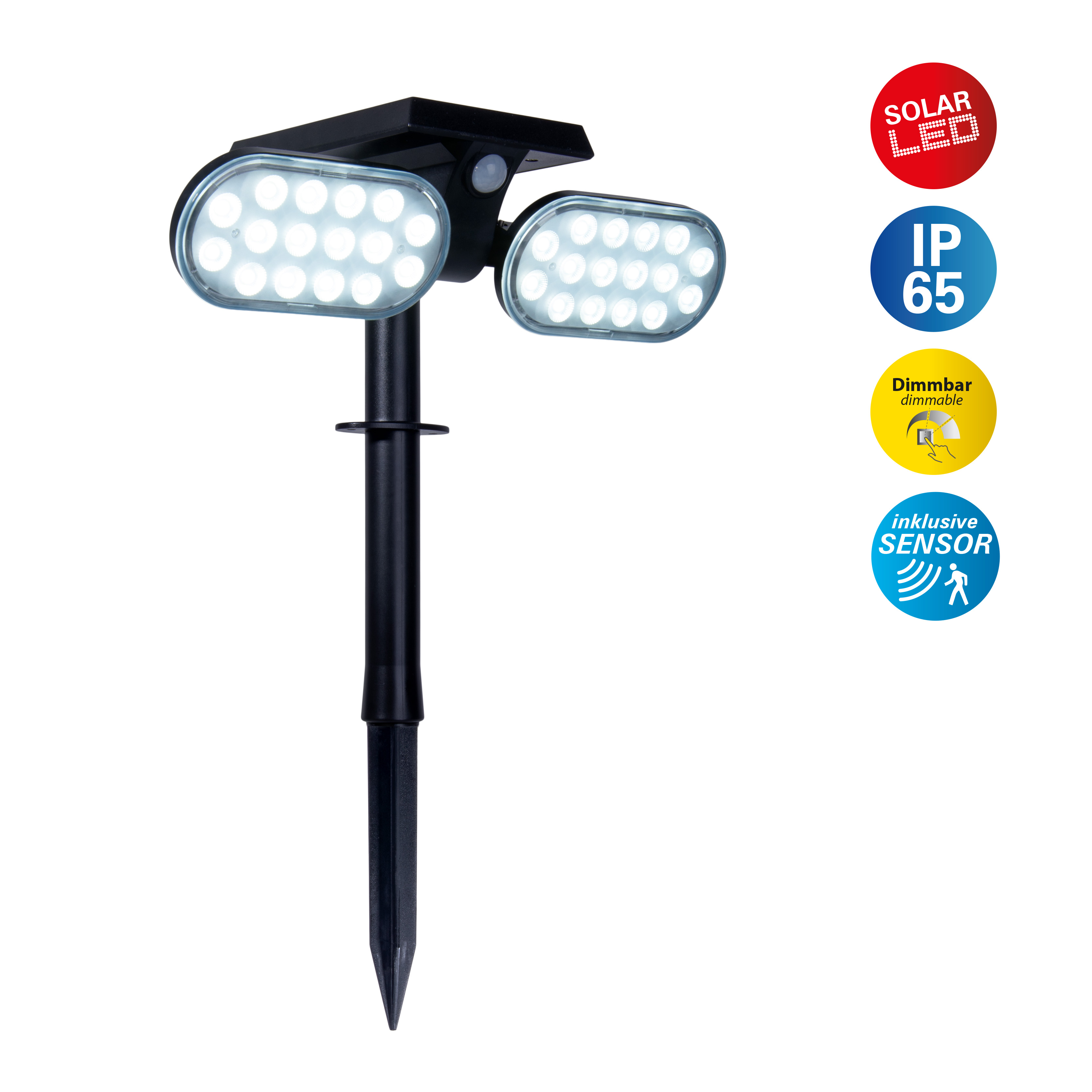 Schwarzer Solar-LED-Strahler mit zwei Lichtpanels und Bewegungssensor. Er hat IP65 und ist dimmbar.