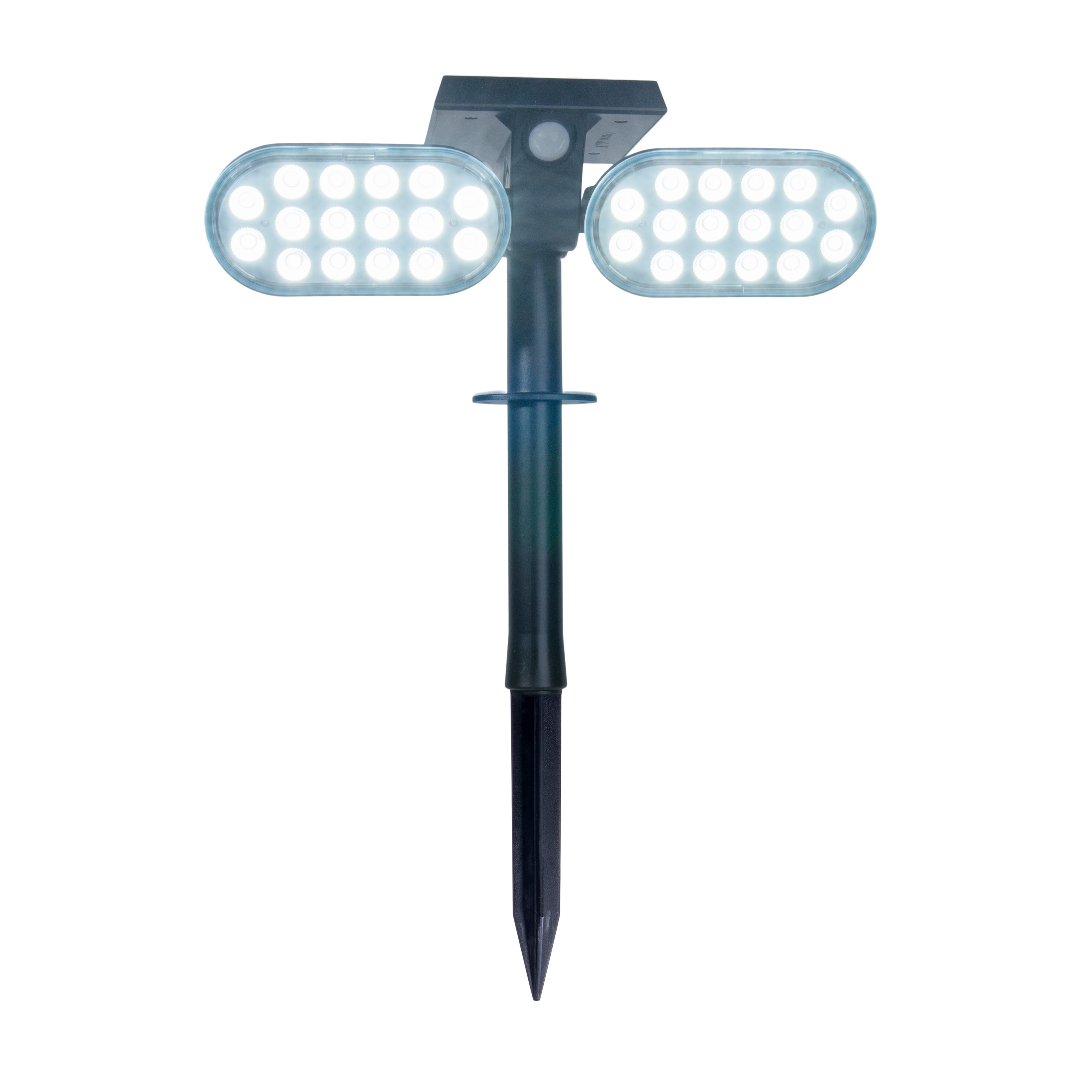 Solarbetriebene Außenleuchte mit zwei ovalen Lichtpaneelen.