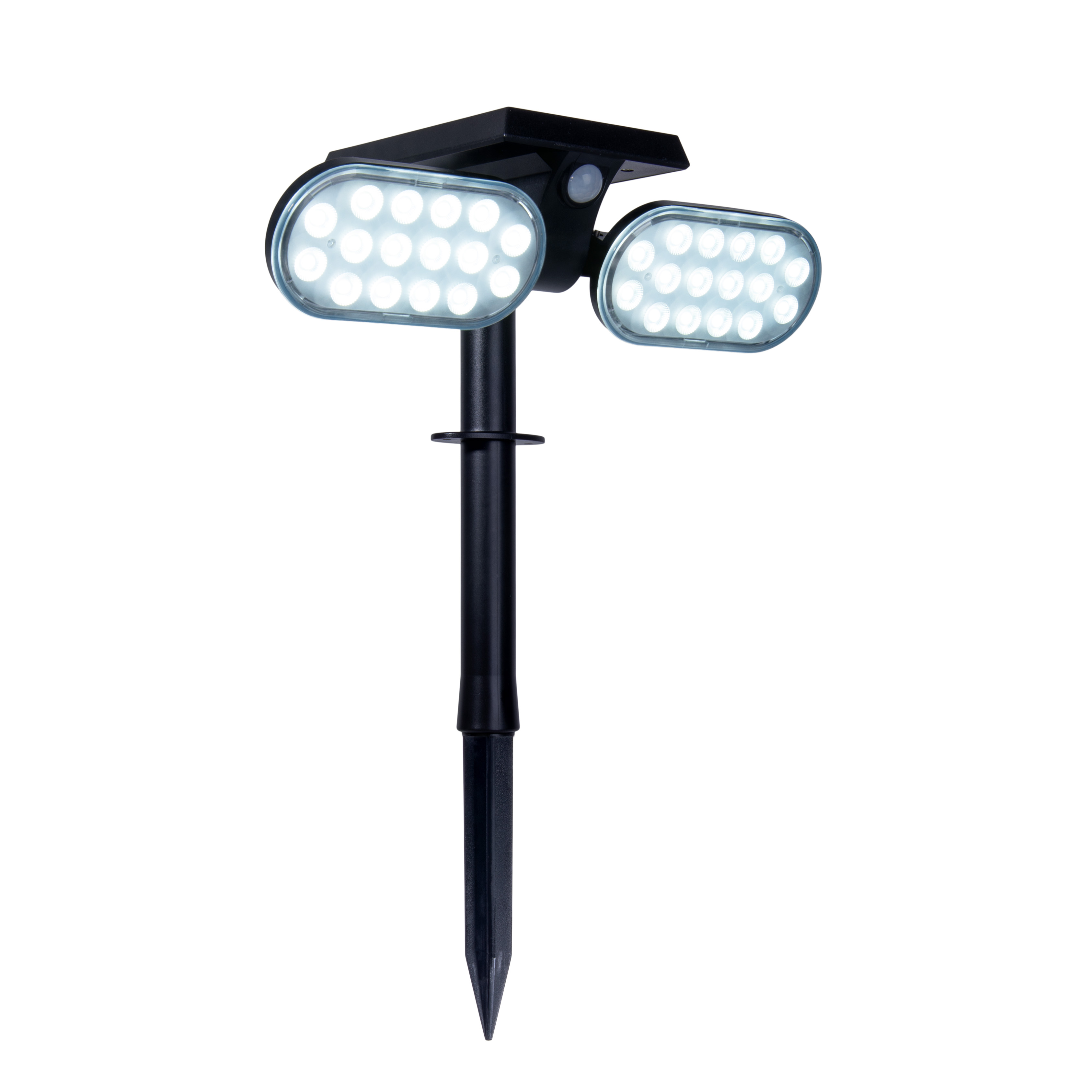 Schwarze Solar-LED-Gartenleuchte mit zwei Leuchtköpfen und einem Erdspieß.