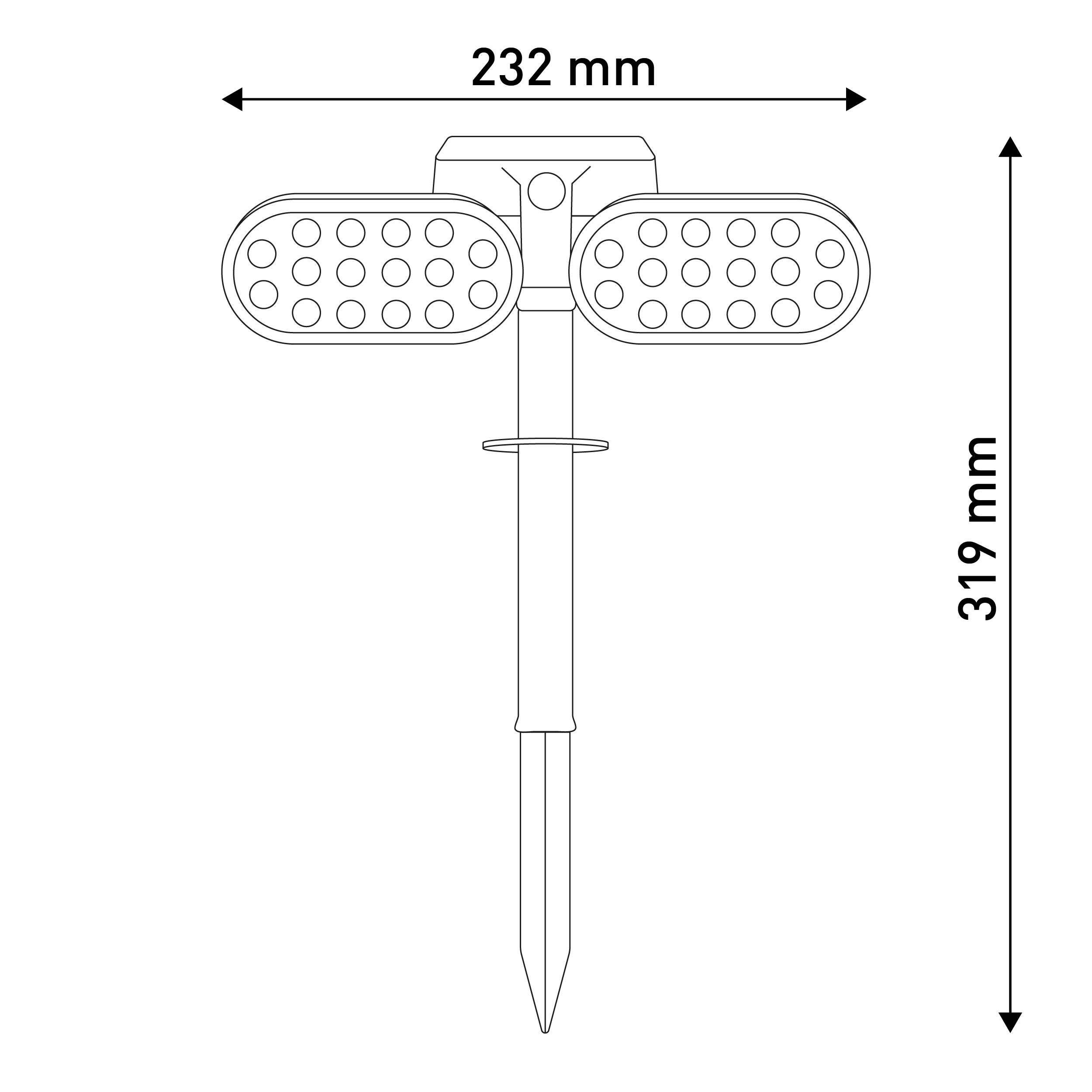 Strichzeichnung einer Solarleuchte. Sie zeigt die Abmessungen: 232 mm Breite, 319 mm Höhe. Hat zwei LED-Panels.