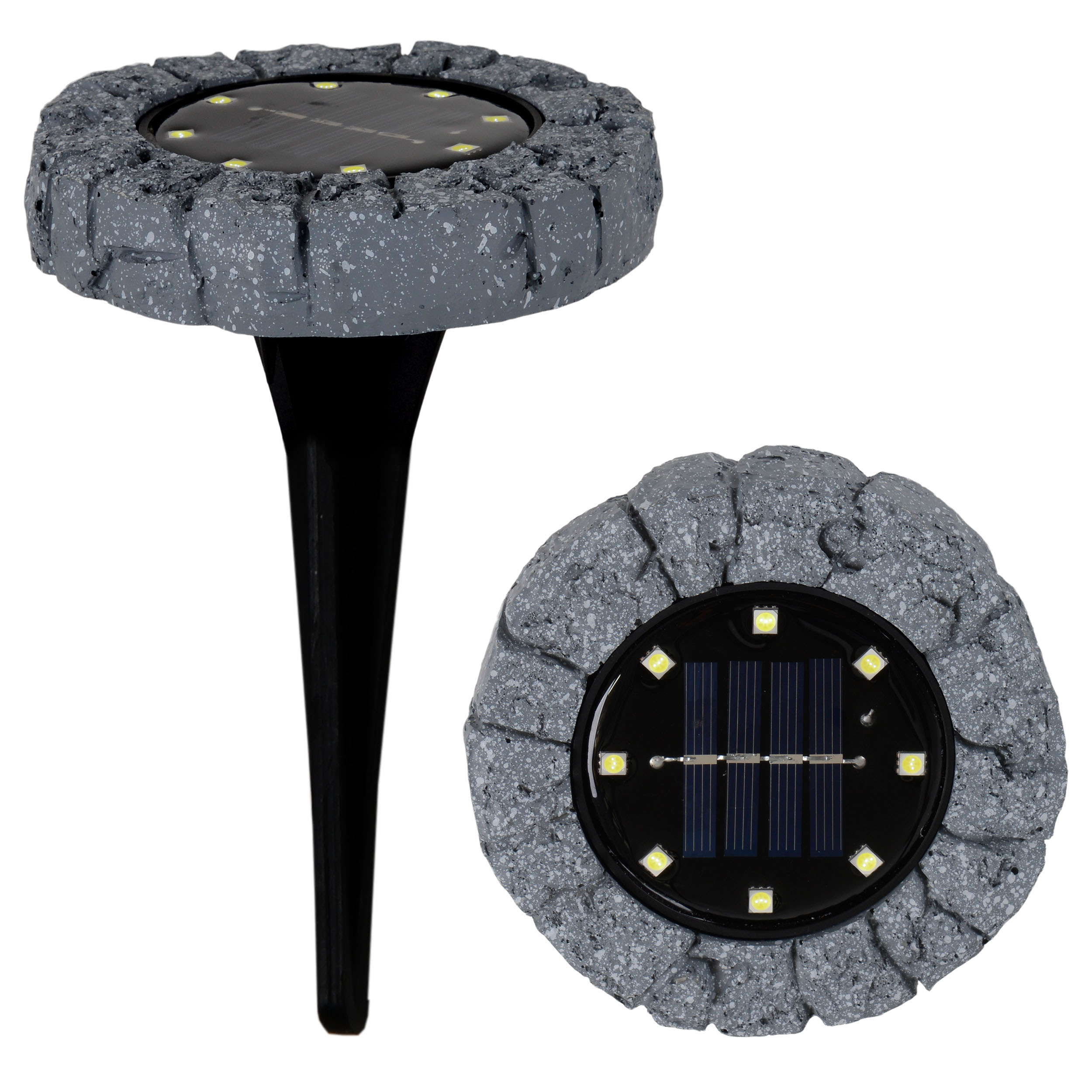 Zwei Solar-Wegeleuchten. Graue steinartige Oberteile, schwarze Stiele. Eine von oben, eine Seitenansicht.