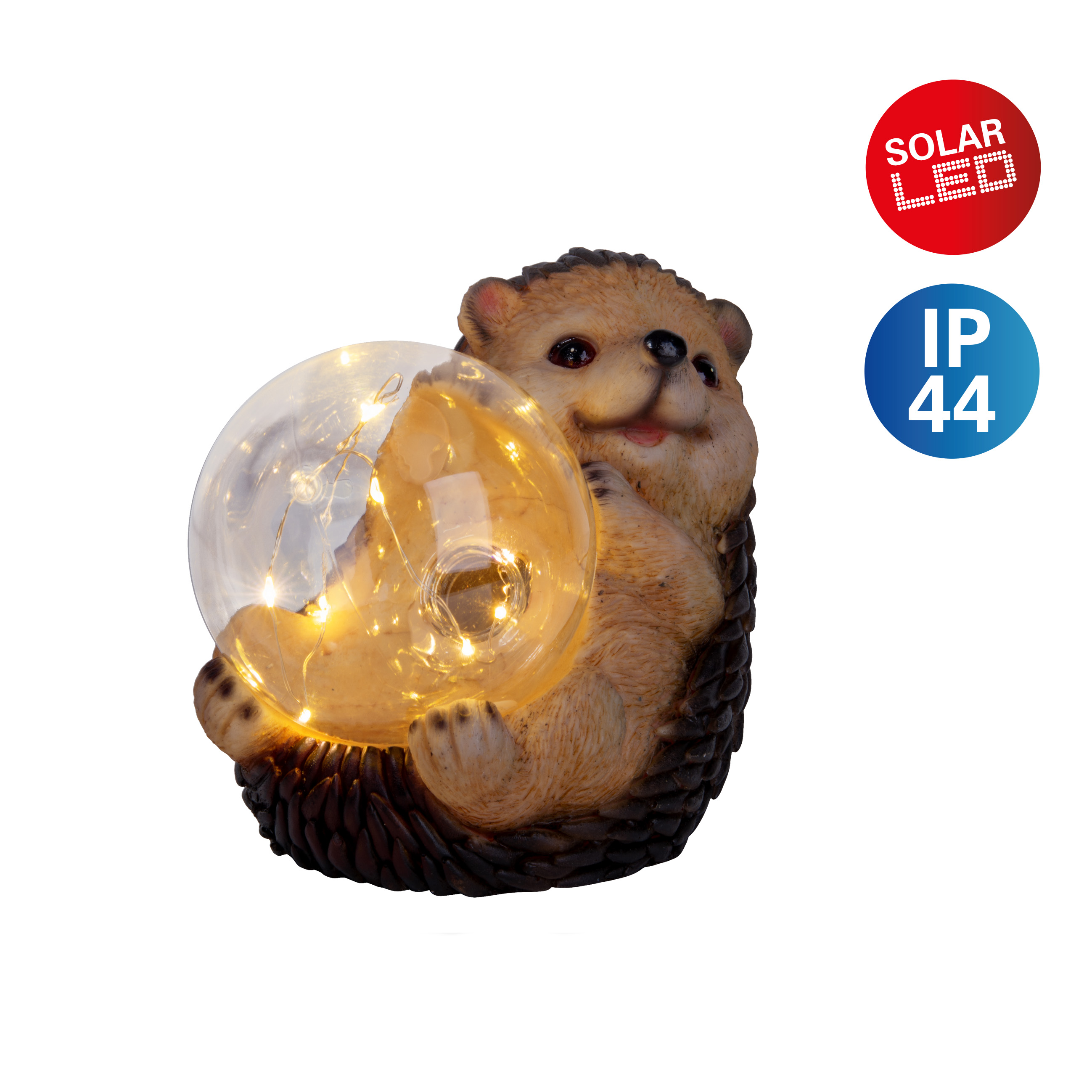 Ein Igel hält eine Kugel mit warmen Lichtern. Er hat ein lächelndes Gesicht und einen 'SOLAR LED'-Aufkleber.