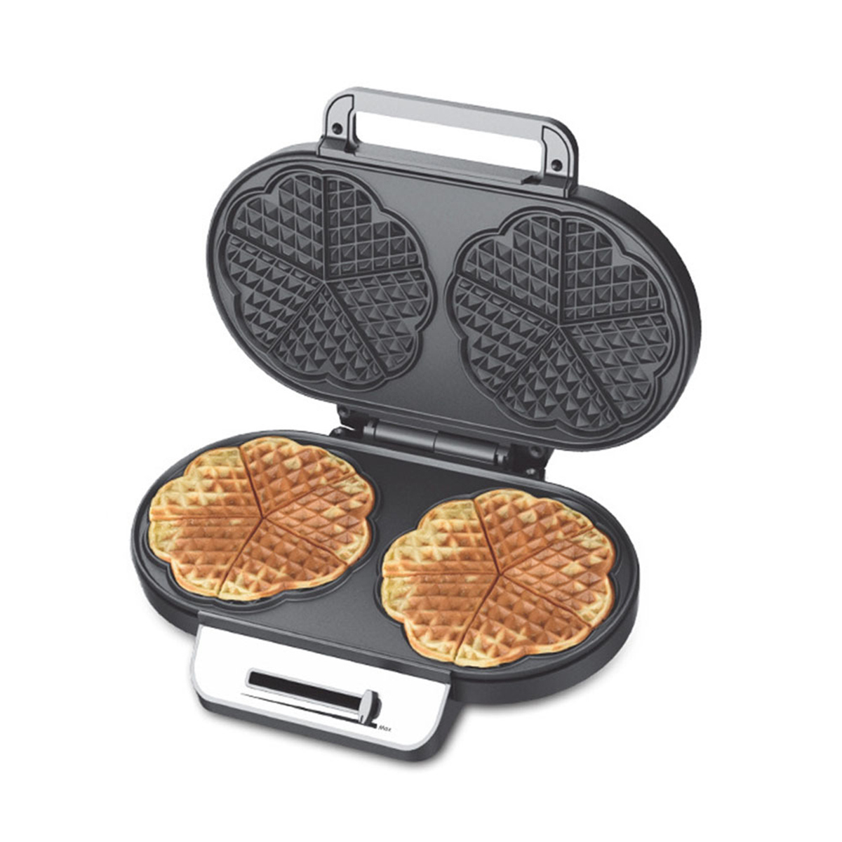 Offener Waffeleisen mit zwei goldbraunen Waffeln, auf weißem Hintergrund.