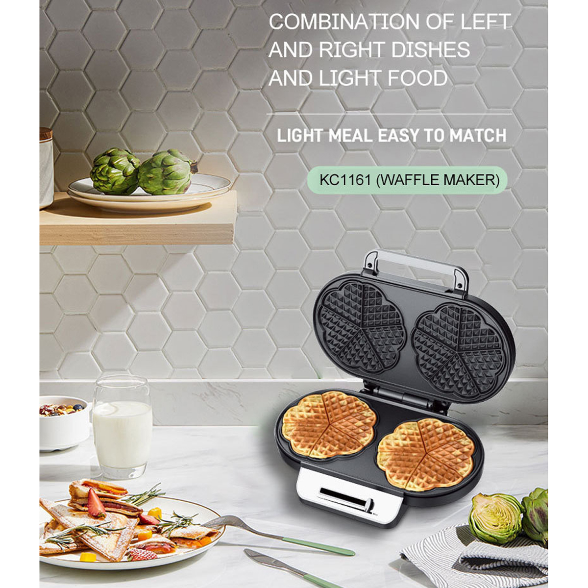 Waffeleisen mit Waffeln, umgeben von Zutaten und Küchenzeile im Hintergrund.