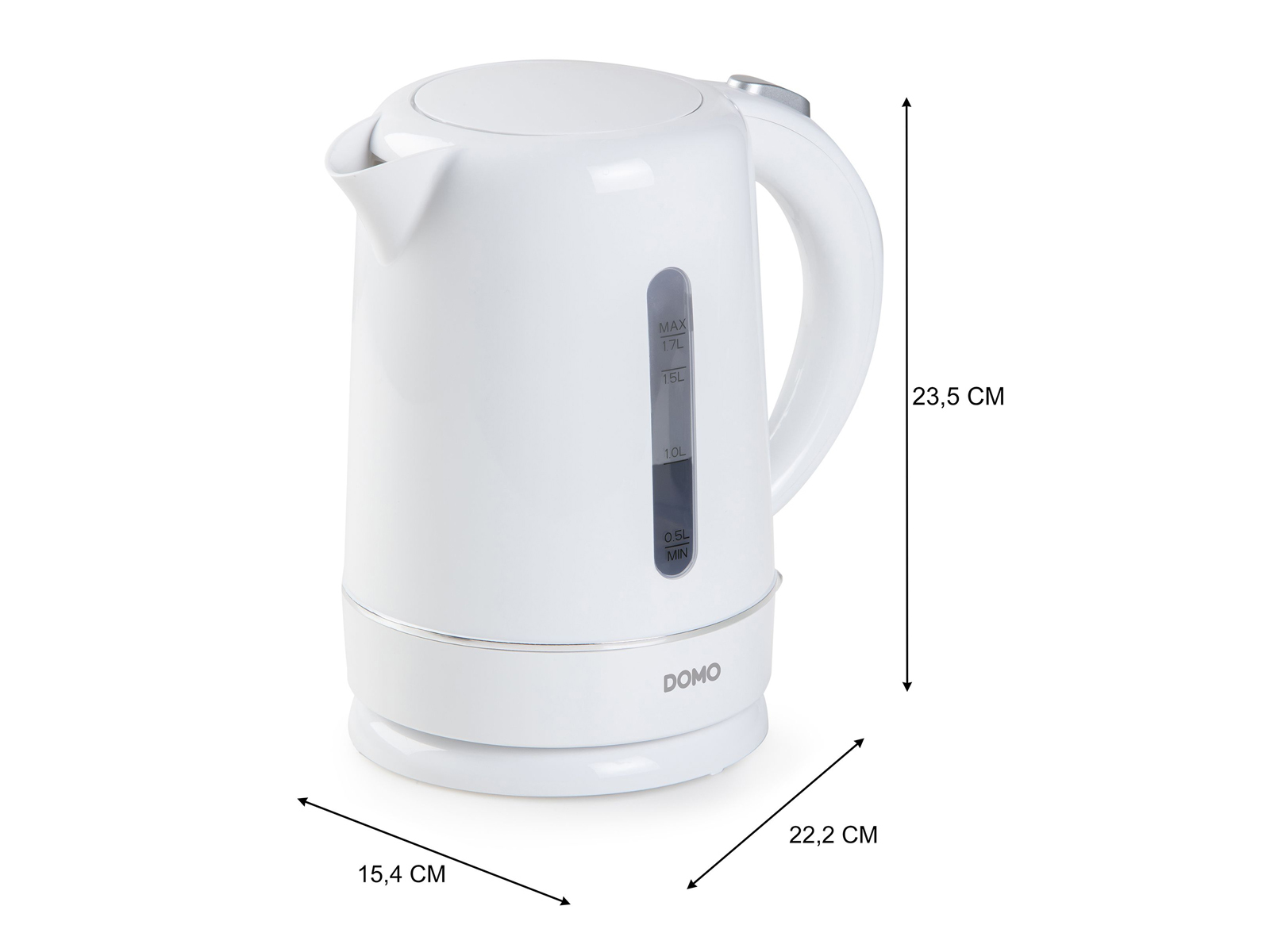 Biały czajnik elektryczny. Wymiary: 23,5cm wysokość, 15,4cm szerokość, 22,2cm głębokość. Marka DOMO.