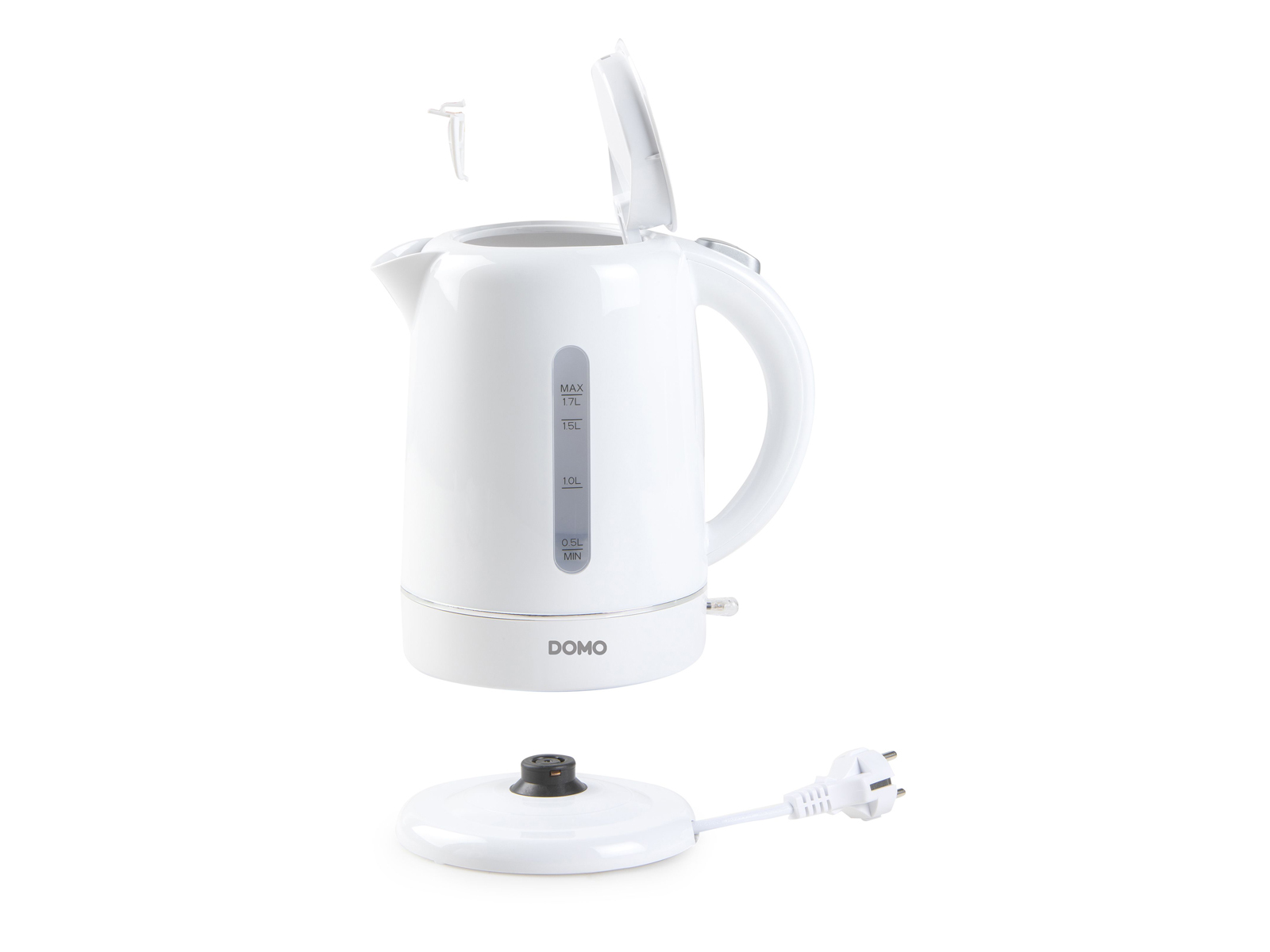 Biały czajnik elektryczny z otwartą pokrywą, podstawą i wtyczką na białym tle.