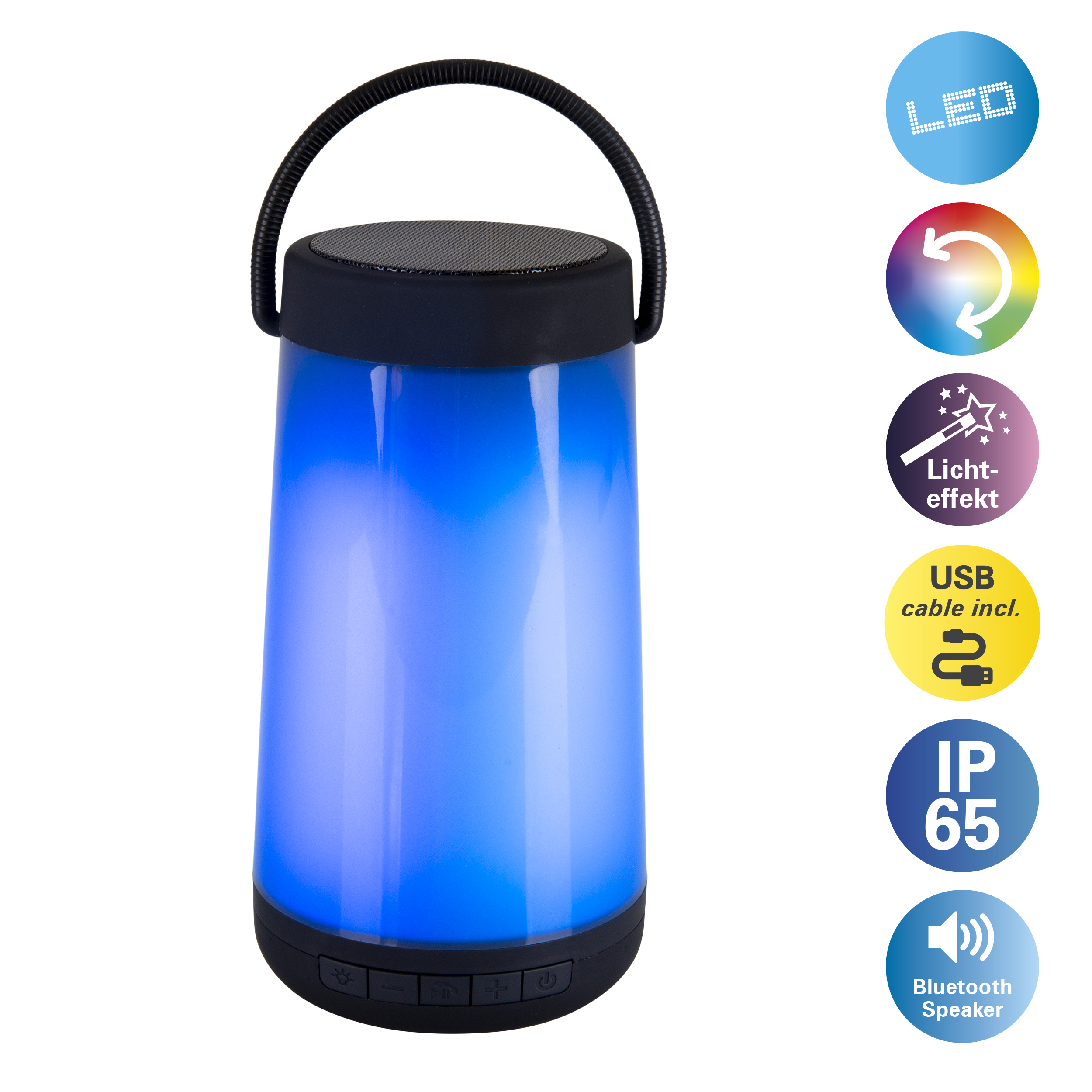 Ein zylindrischer LED-Bluetooth-Lautsprecher mit schwarzem Griff. Er hat blaues Licht und Bedientasten.