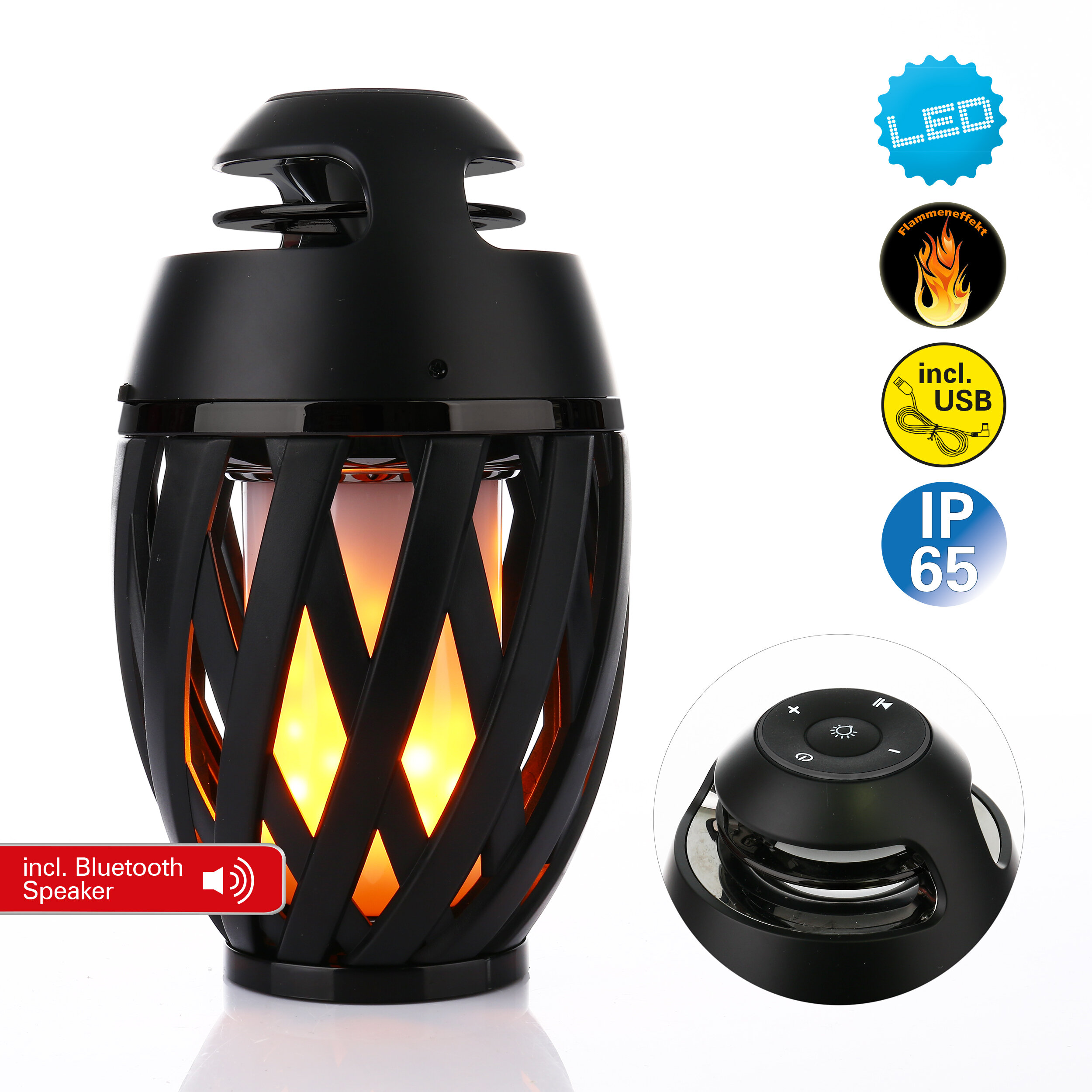 Schwarzer LED-Flammeneffekt-Lautsprecher mit Flamme und USB-Anschluss. Eine kleinere Fernbedienung ist dabei.