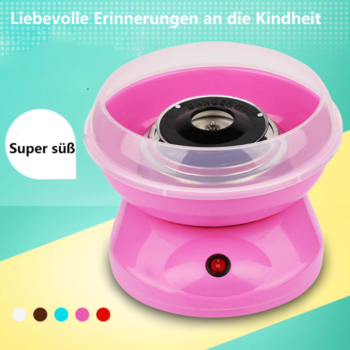 Rosa Zuckerwattemaschine mit Text. Der Hintergrund ist gelb und blau. Farben Weiß, Braun, Blau und Pink.