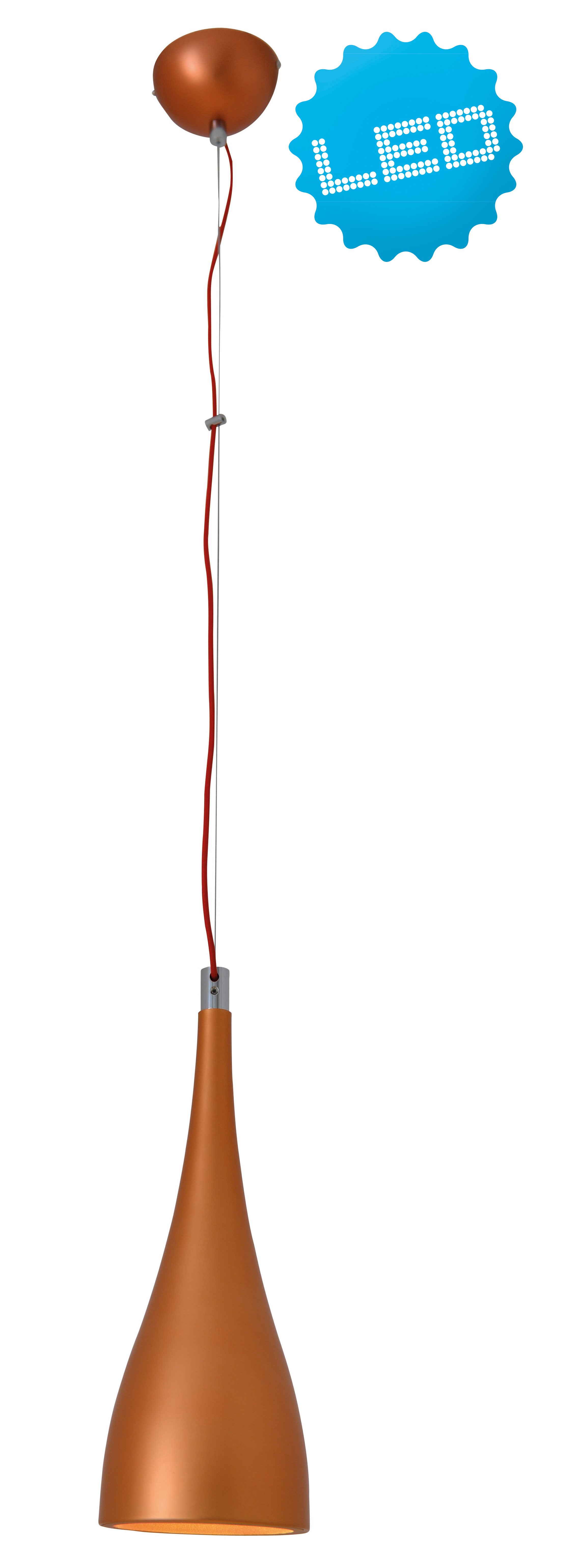 Kupferfarbene Pendelleuchte. Sie hat ein langes Kabel und eine tropfenförmige Leuchte.
