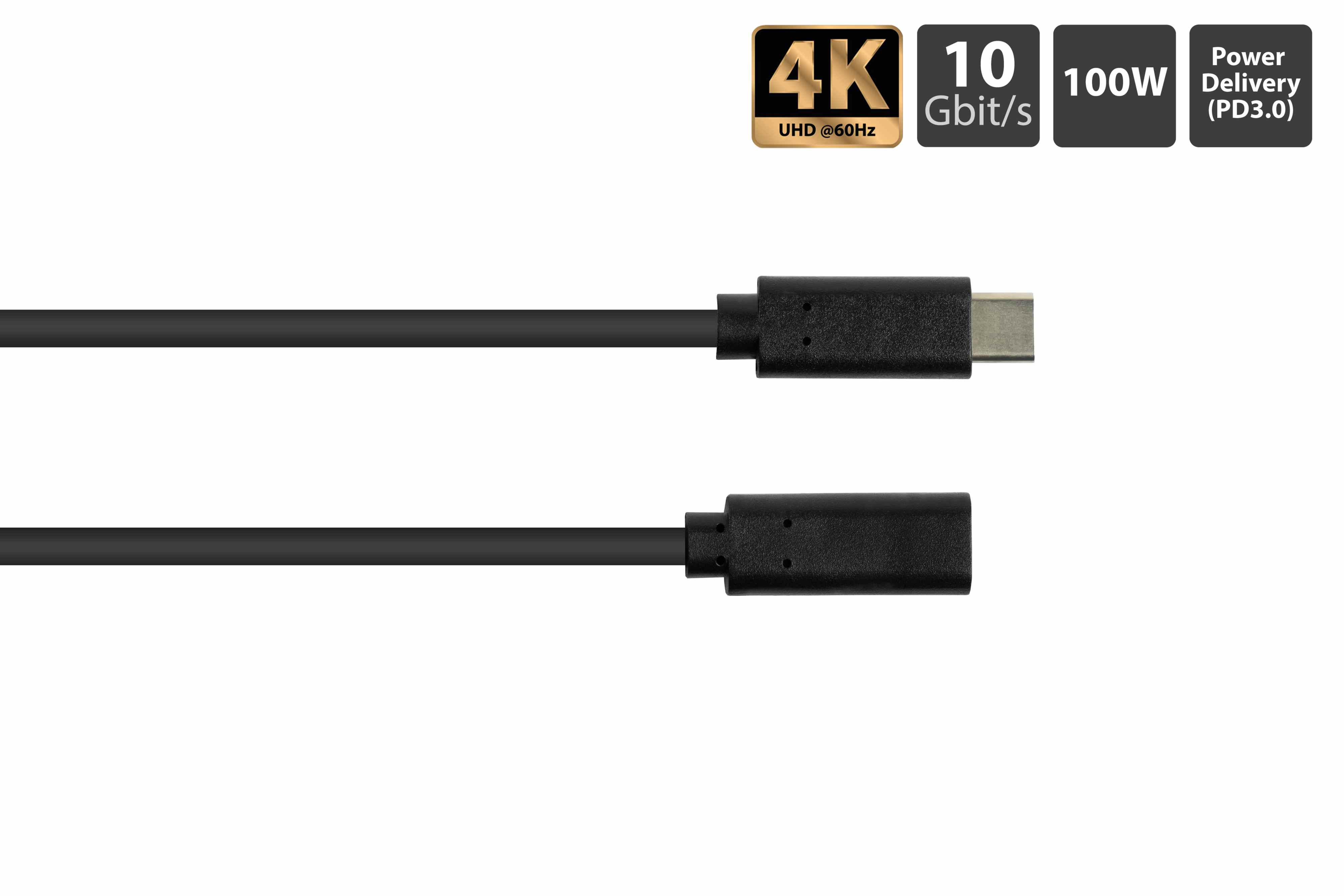 Cavo USB-C nero. Testo: 4K UHD @60Hz, 10 Gbit/s, 100W, Power Delivery(PD3.0).