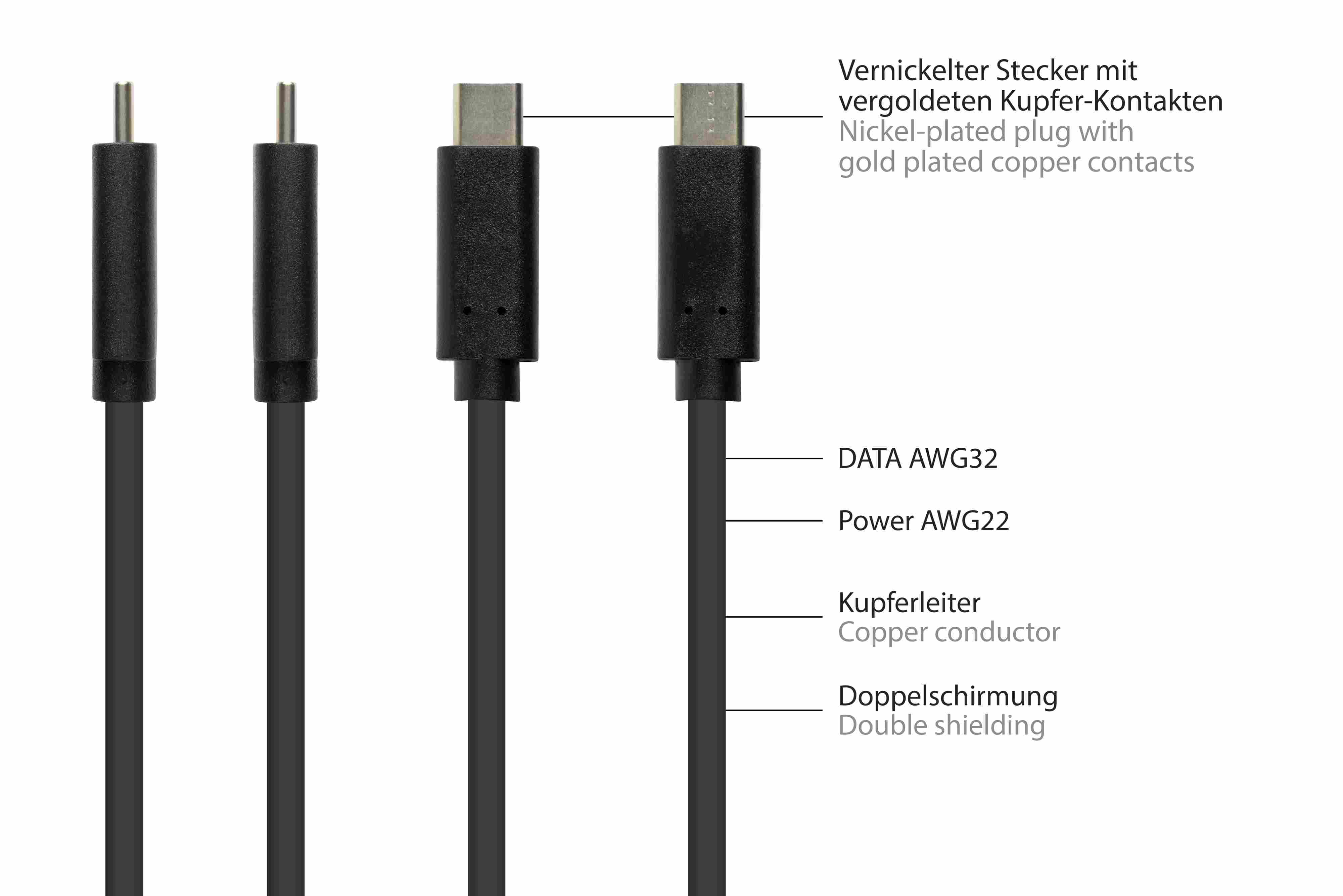 Primo piano di vari cavi di ricarica neri con connettore USB-C, etichettati con dettagli.