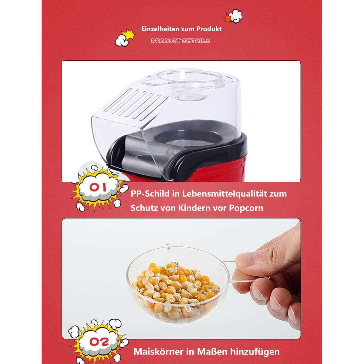 Máquina de palomitas de maíz con instrucciones. Incluye una taza de granos.