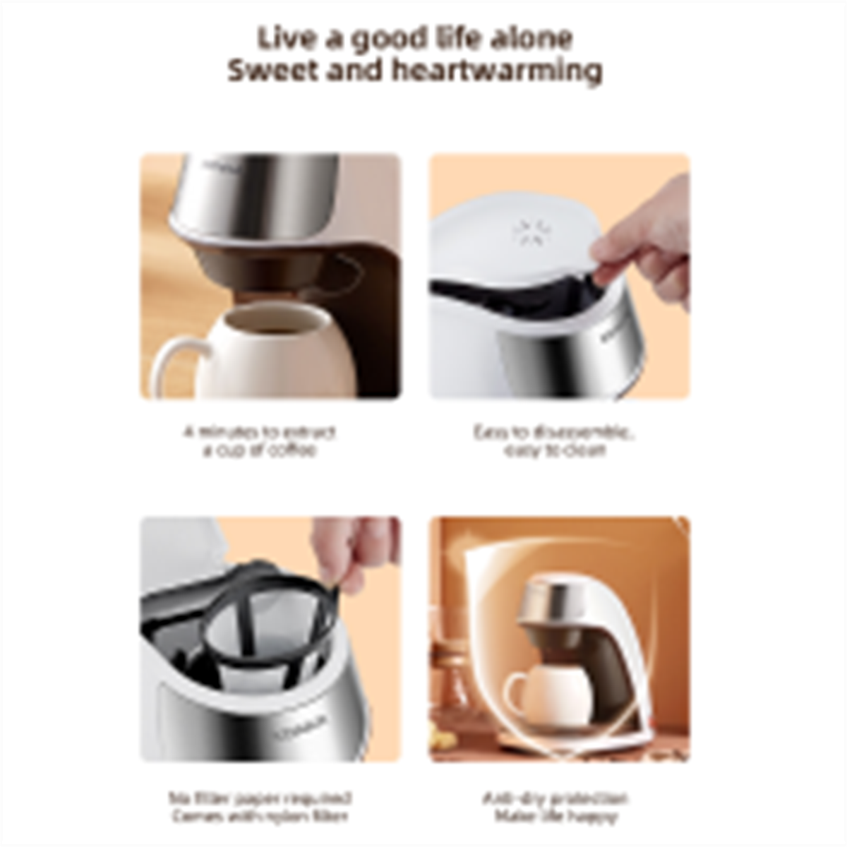 Vier Bilder: Kaffeemaschine, Tasse Kaffee, Kaffeemaschine mit Filter und Kaffeemaschine.