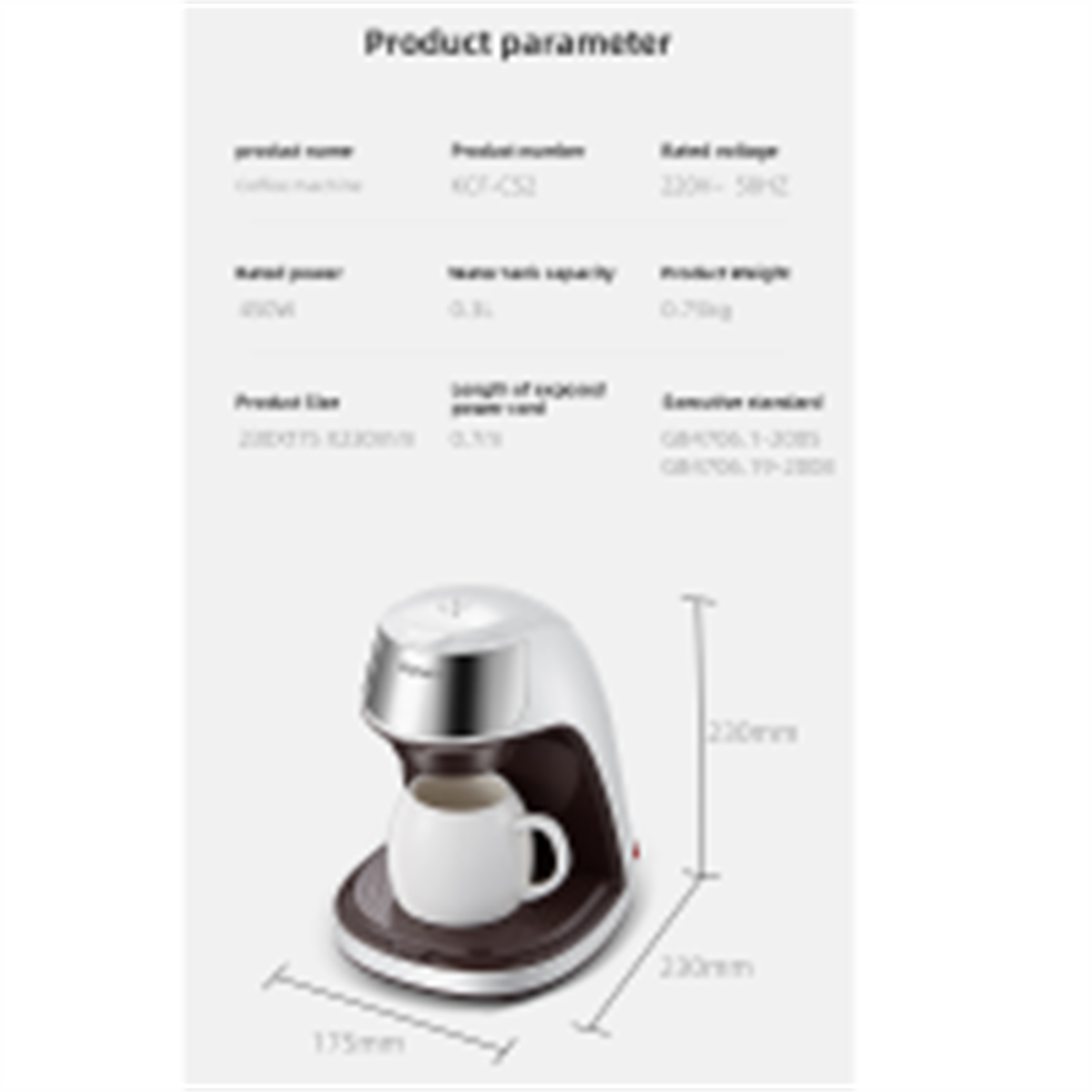 Eine weiße und silberne Kaffeemaschine mit einem weißen Becher und Produktinformationen.