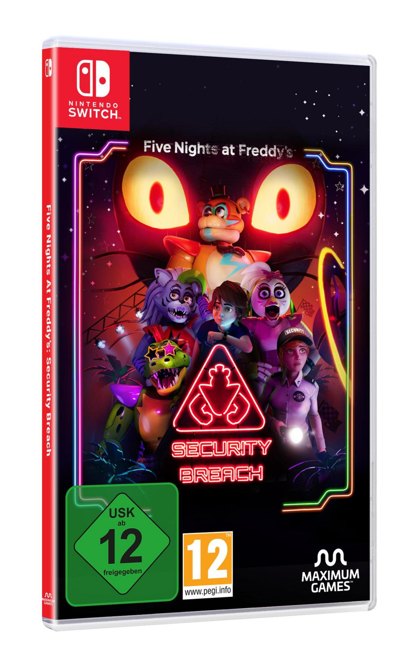 Ein Nintendo Switch-Spielcase von Five Nights at Freddy's: Security Breach, mit Spielgrafik.
