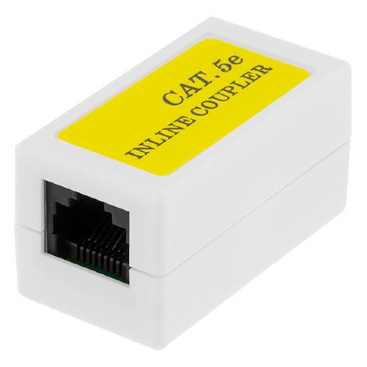 Weißer CAT.5e Inline-Koppler mit gelbem Etikett und RJ45-Anschluss.