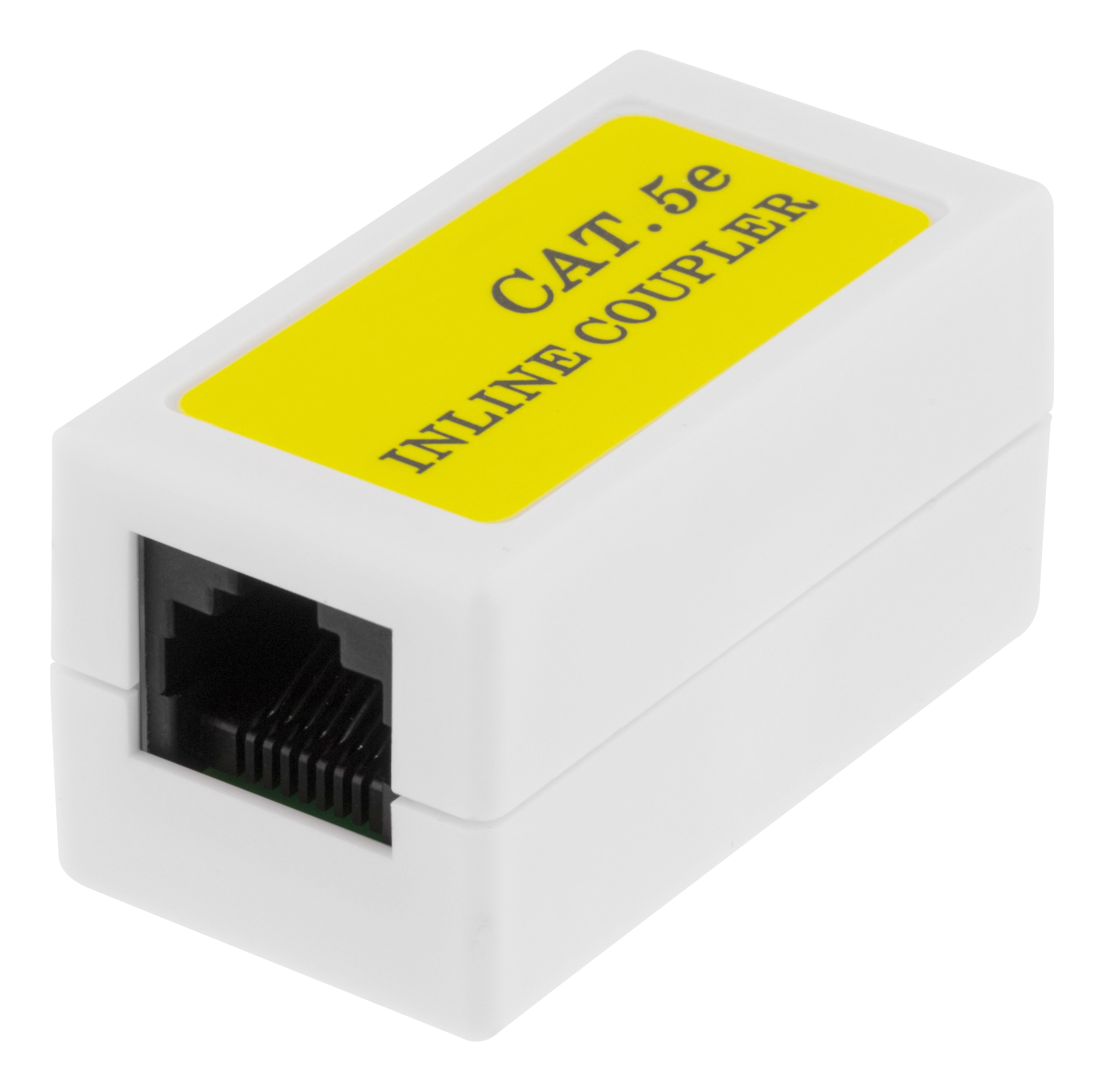 Weißer CAT.5e Inline-Koppler, gelbes Etikett, schwarzer Stecker.