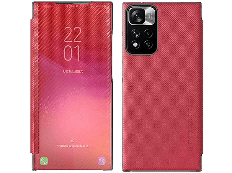 WIGENTO Design Carbon Clear View Smartcover Hülle, Full Cover, Xiaomi, Redmi Note 11 Pro Plus 5G, Rot
