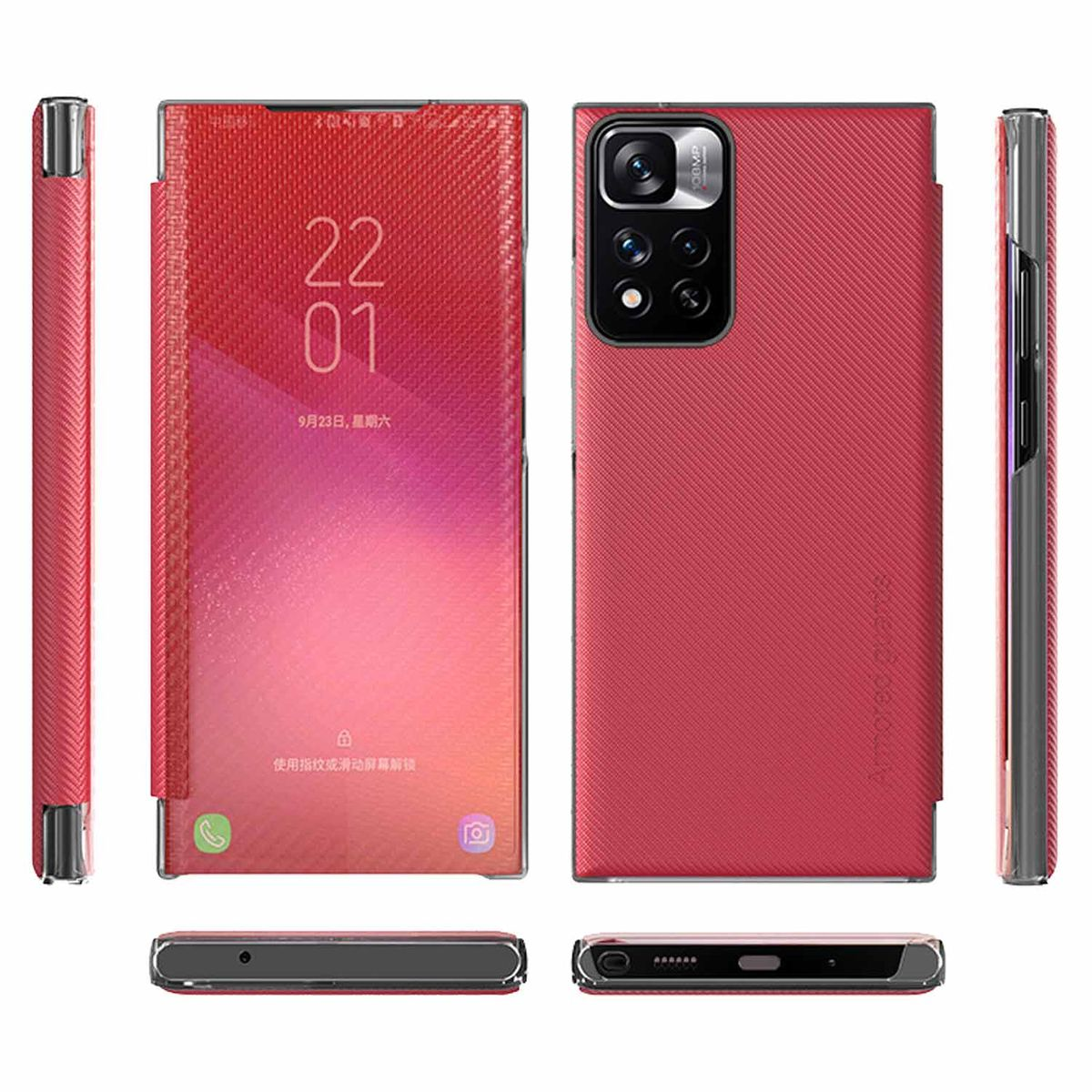 WIGENTO Design Carbon Clear View Xiaomi, 5G, Note Cover, Hülle, Smartcover Redmi Plus Rot Pro Full 11