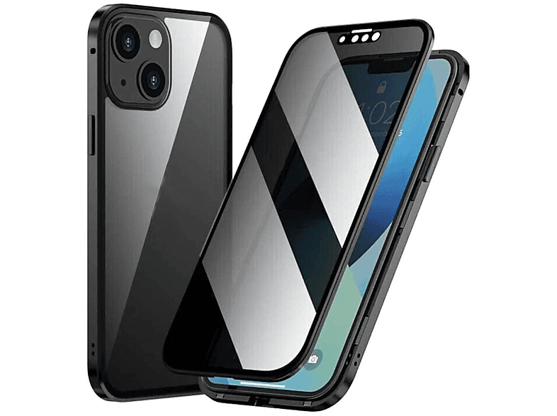 360 Grad / iPhone Metall Full Schwarz Magnet Privacy Plus, Glas 14 Beidseitiger Transparent / WIGENTO Cover, Hülle, Apple, / Mirror