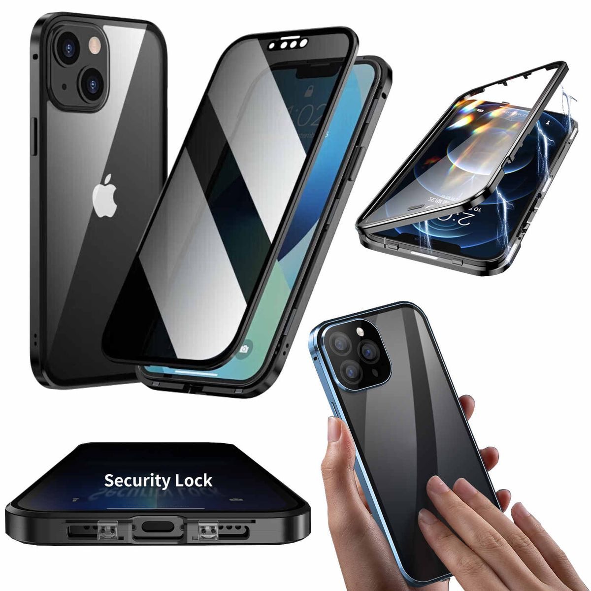 Transparent WIGENTO 360 Hülle, Full iPhone Magnet Mirror Metall Glas Cover, Apple, 14 Privacy / Schwarz Beidseitiger Plus, / Grad /