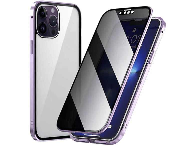 WIGENTO Beidseitiger 360 Grad Magnet / Glas Privacy Mirror Hülle, Full Cover, Apple, iPhone 14 Pro Max, Lila / Transparent
