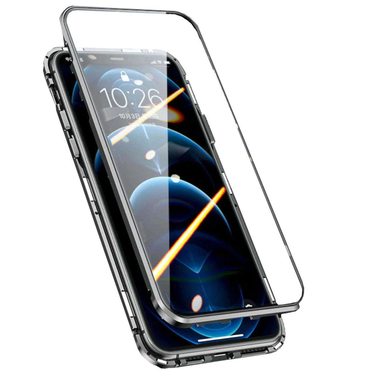 WIGENTO Beidseitiger / 13 / Magnet Apple, 360 Glas Grad Cover, Pro, Metall Full Hülle, Schwarz iPhone