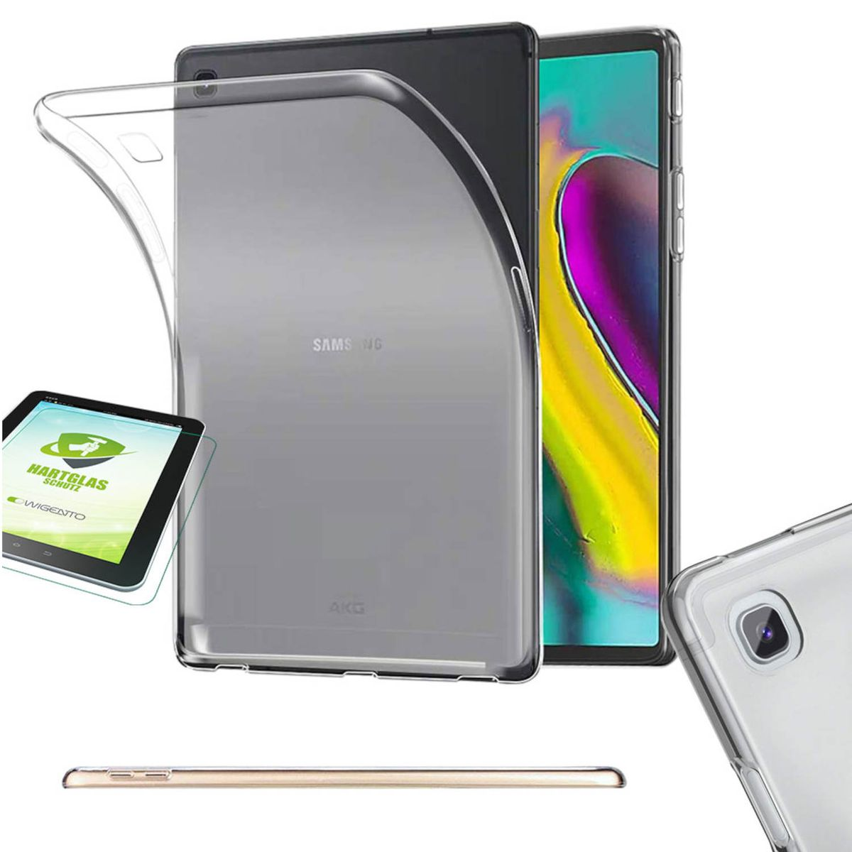 WIGENTO Produktset TPU Silikon Galaxy Samsung, 10.5 T720F, H9 Transparent Tab Backcover, Hart Glas Hülle Folie, dünn Panzer + S5e