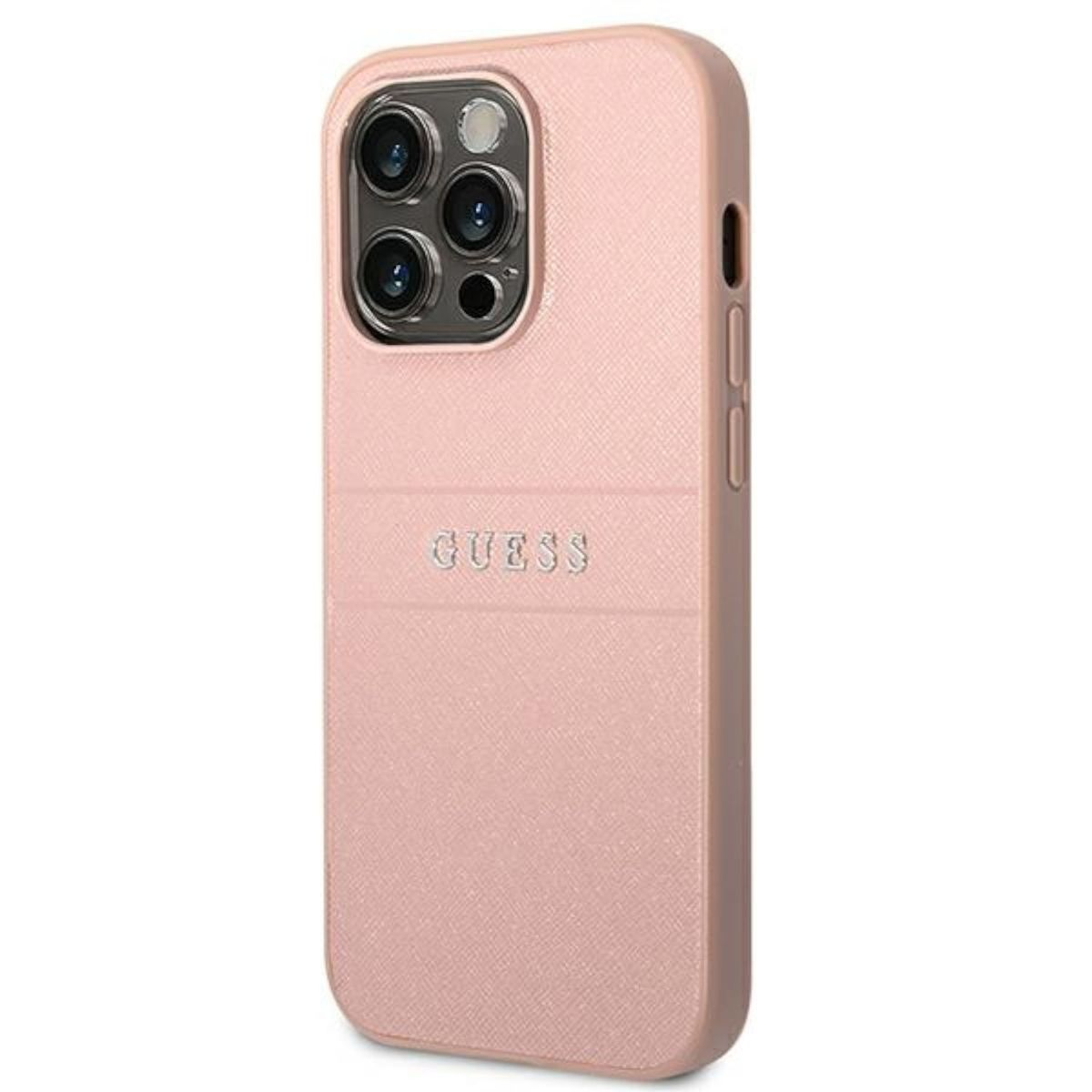 Eine pinkfarbene Guess-Handyhülle mit dem Guess-Logo, isoliert auf weißem Hintergrund.