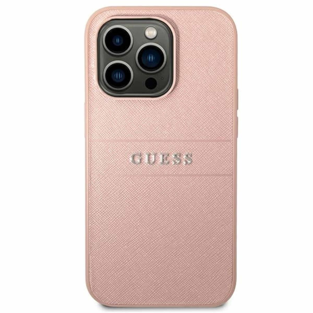 Eine rosa Guess-Handyhülle mit dem Guess-Logo und einem Kameraausschnitt für mehrere Kameras.