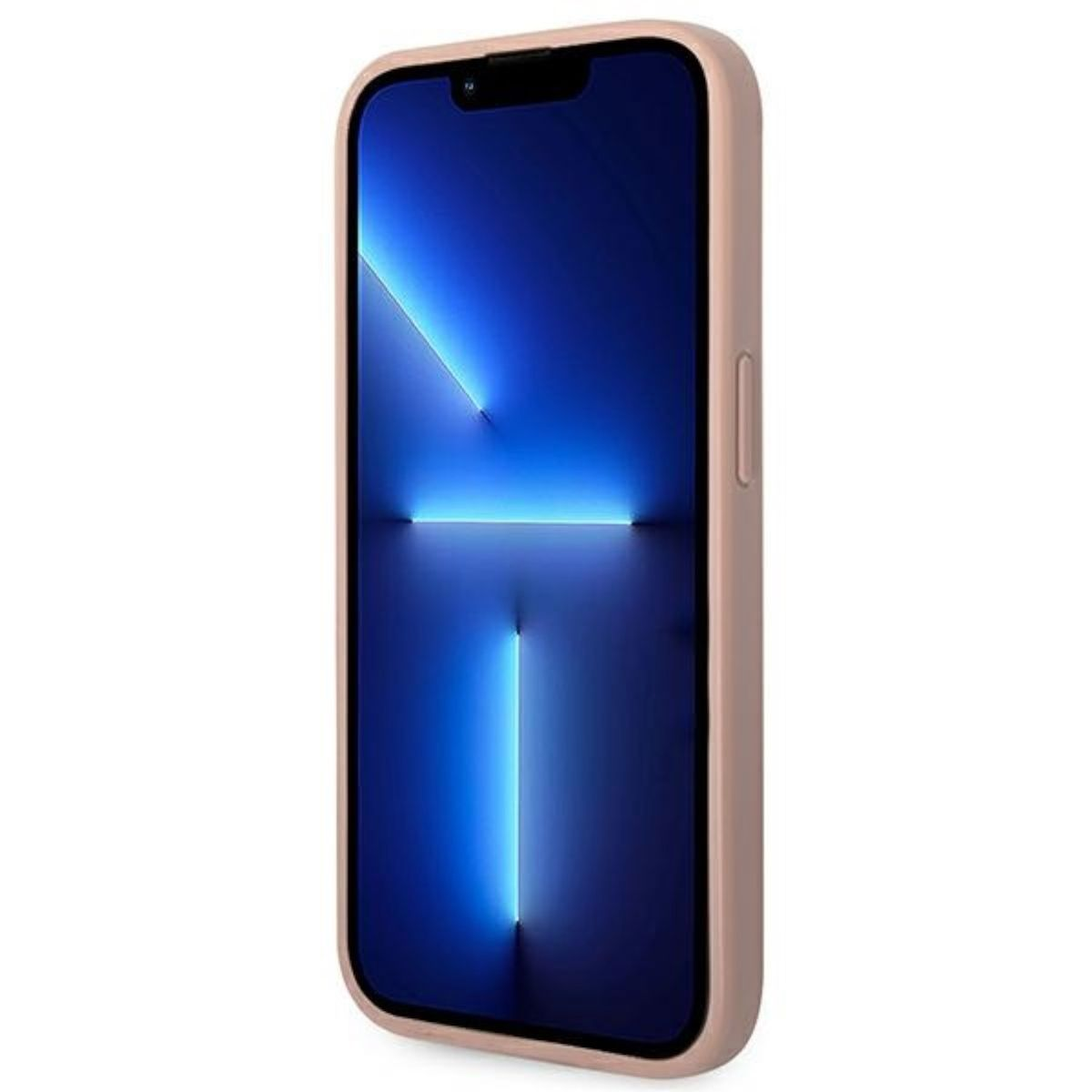 Ein Telefon in einer hellbraunen Hülle, steht aufrecht.